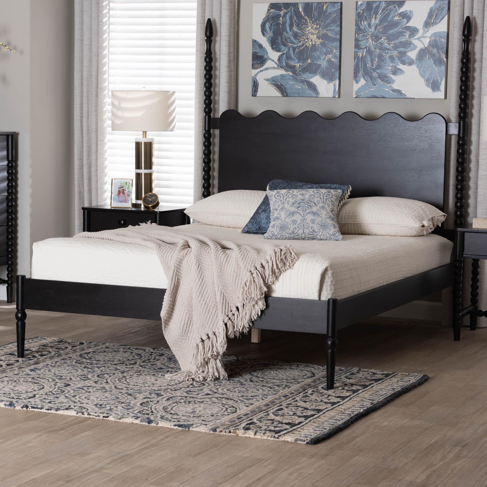 Baxton Studio Brantley Spindle Platform Bed - Farmhouse Bed Frame with Scalloped Headboard and Turned Posts, Black, Queen