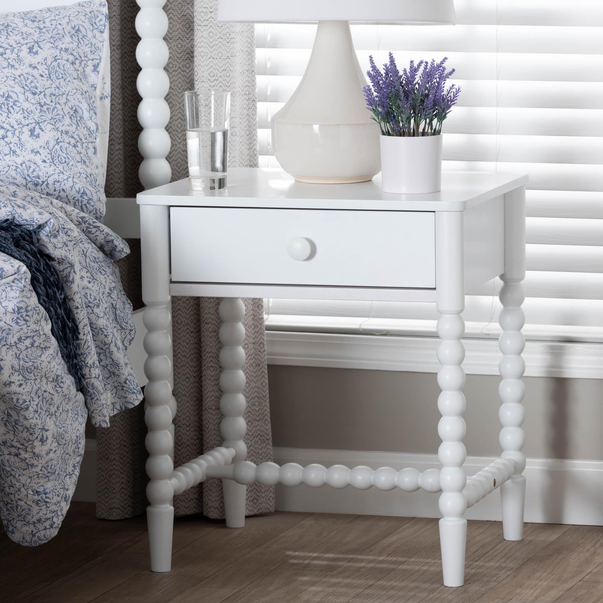 Baxton Studio Brantley Spindle Nightstand - 1-Drawer Bedside Table with Beaded Frame and Open Base for Bedroom, White