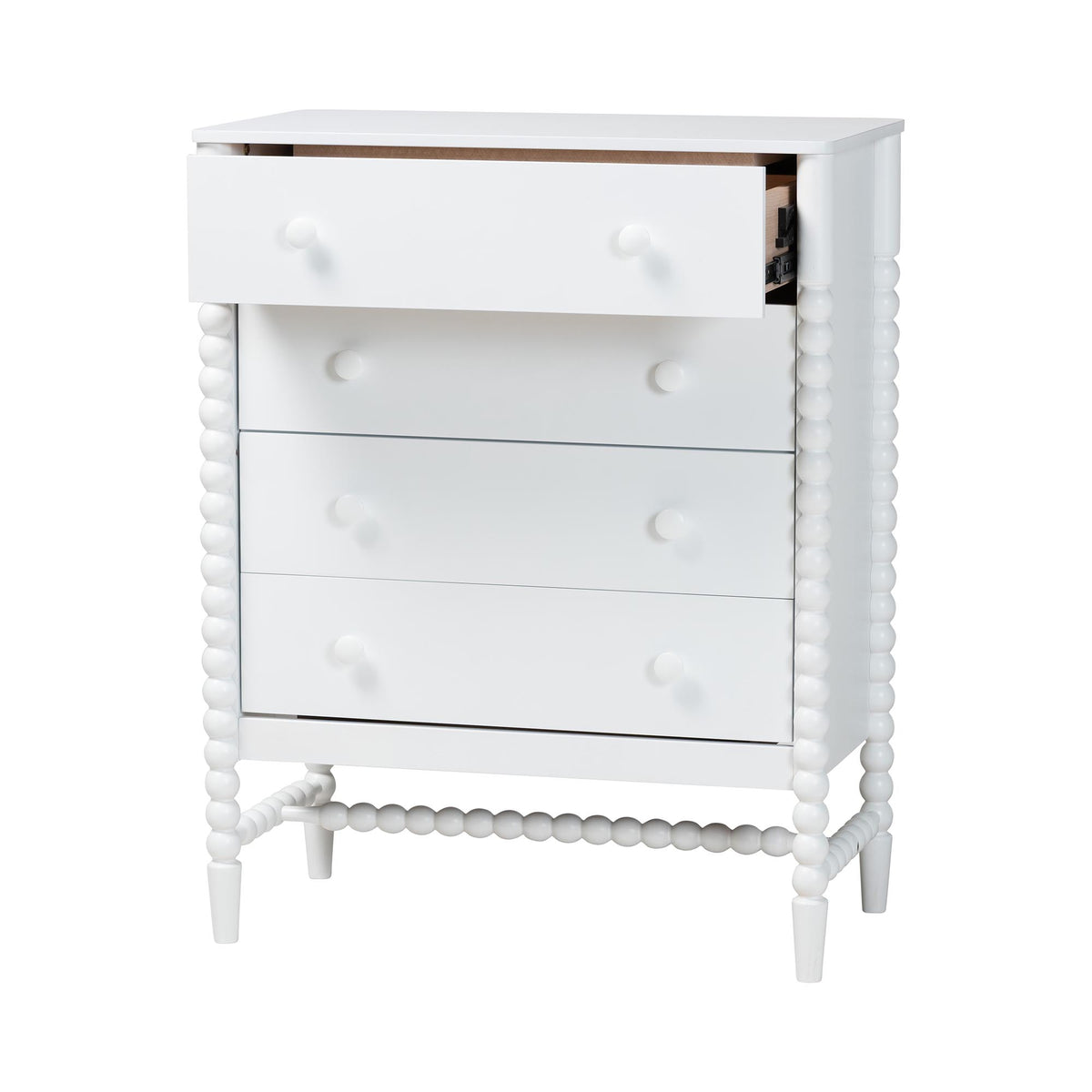 Baxton Studio Brantley Spindle Chest - 4-Drawer Vertical Storage Cabinet with Beaded Frame and Elevated Base for Bedroom, White