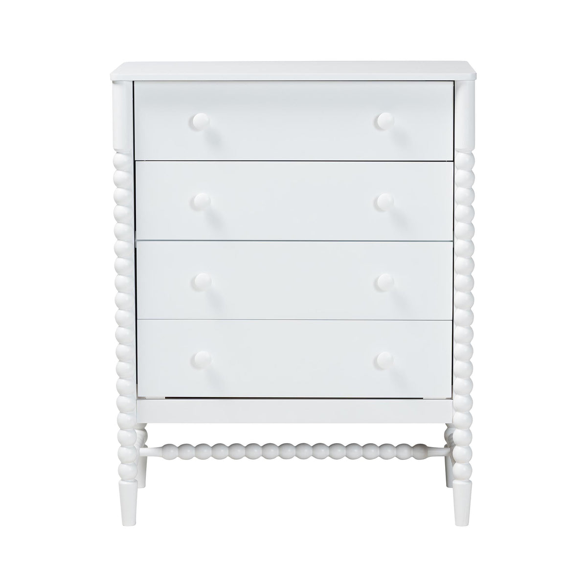 Baxton Studio Brantley Spindle Chest - 4-Drawer Vertical Storage Cabinet with Beaded Frame and Elevated Base for Bedroom, White