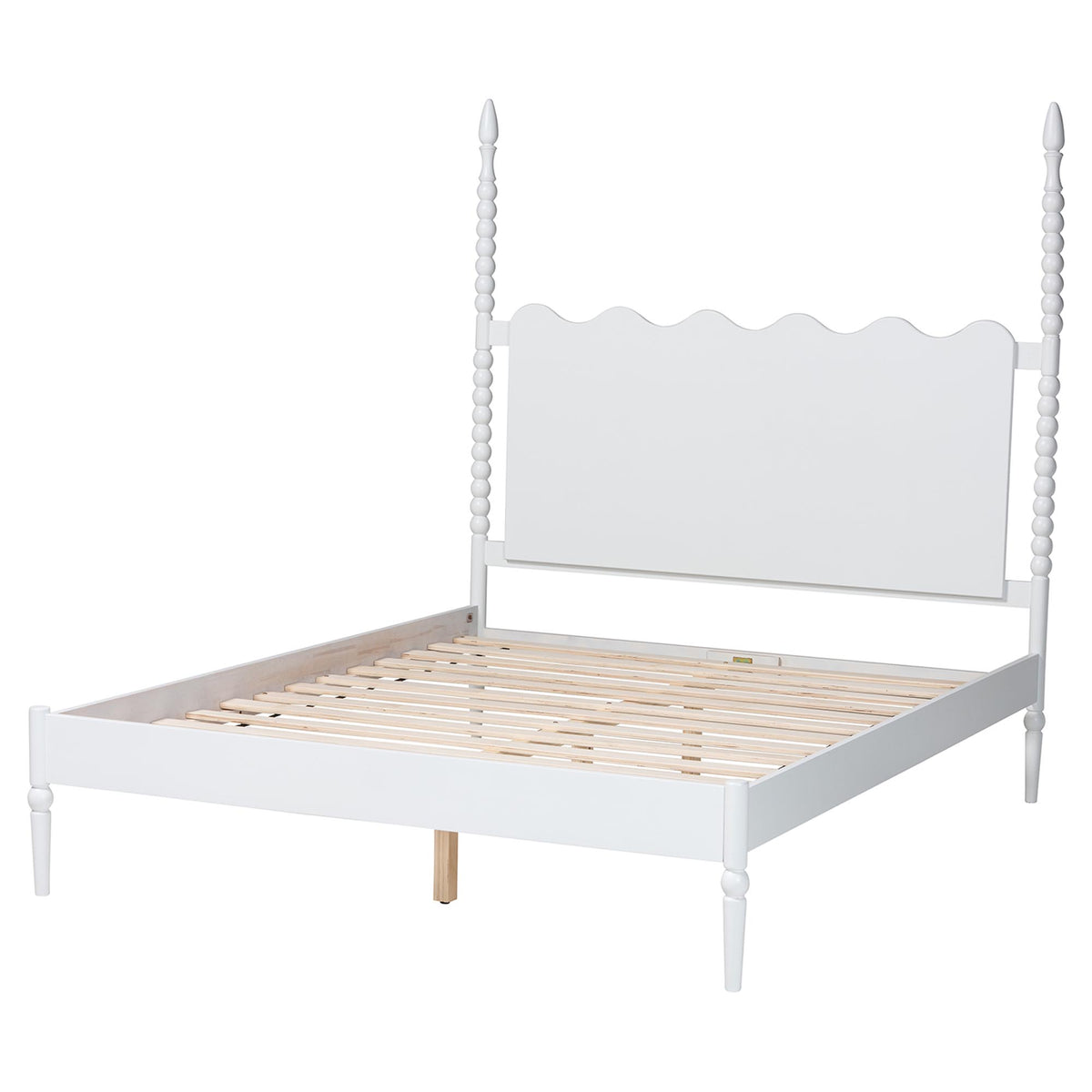 Baxton Studio Brantley Spindle Platform Bed - Farmhouse Bed Frame with Scalloped Headboard and Turned Posts, White, King
