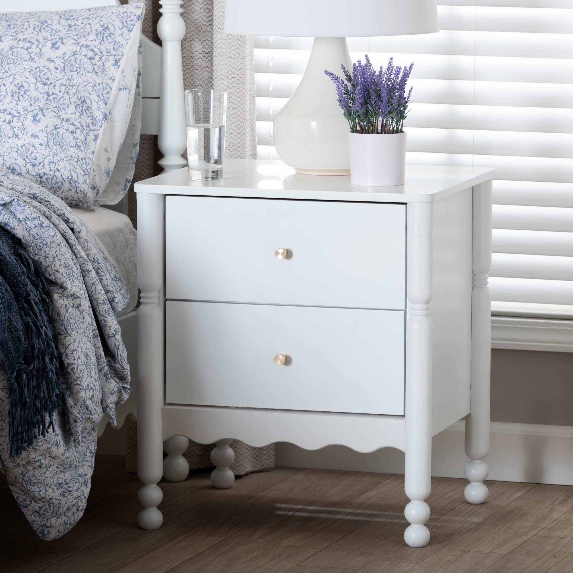 Baxton Studio Hoffman Nightstand - 2-Drawer Bedside Table with Scalloped Apron and Turned Legs for Bedroom, White
