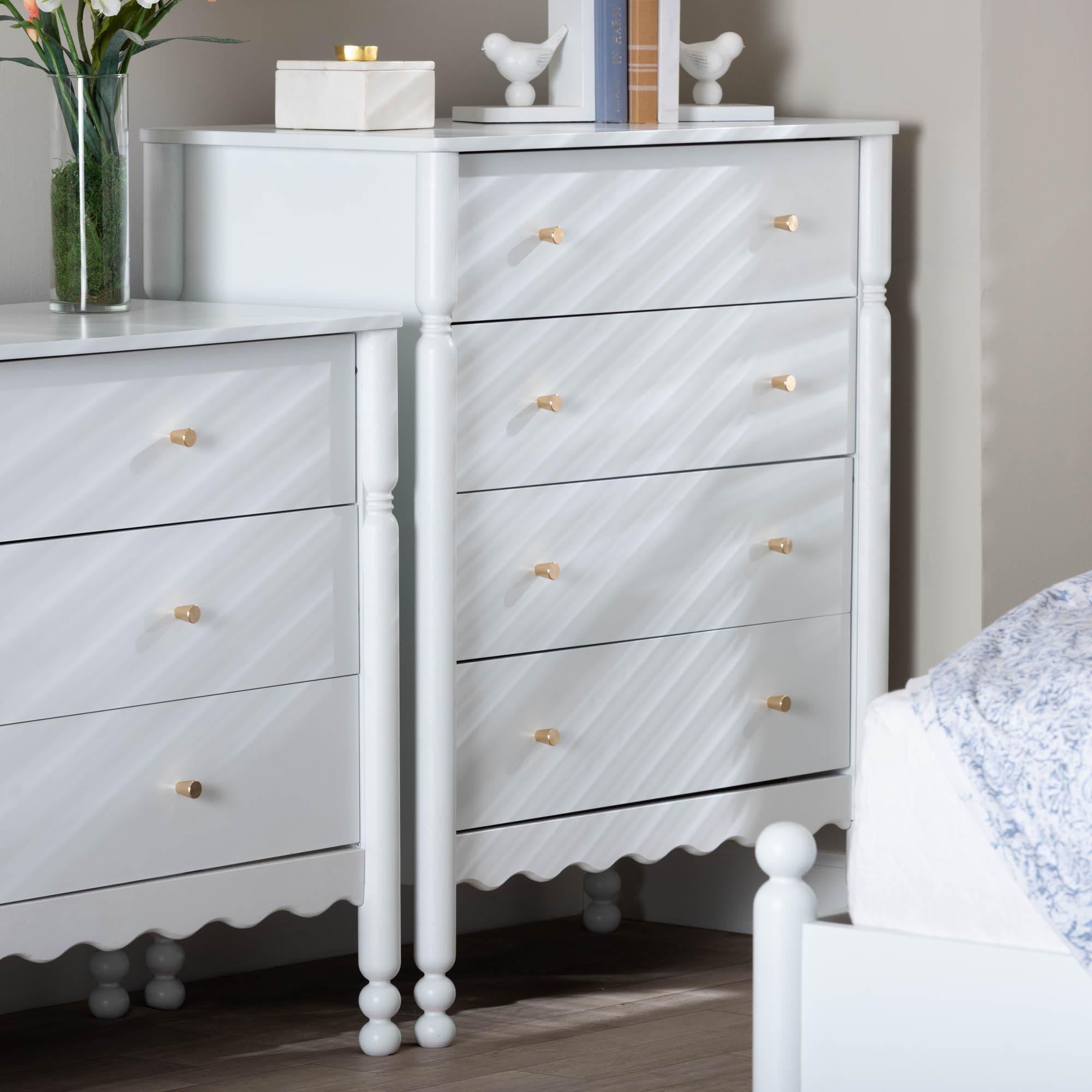 Baxton Studio Hoffman Chest - 4-Drawer Vertical Storage Cabinet with Scalloped Apron and Turned Legs for Bedroom, White