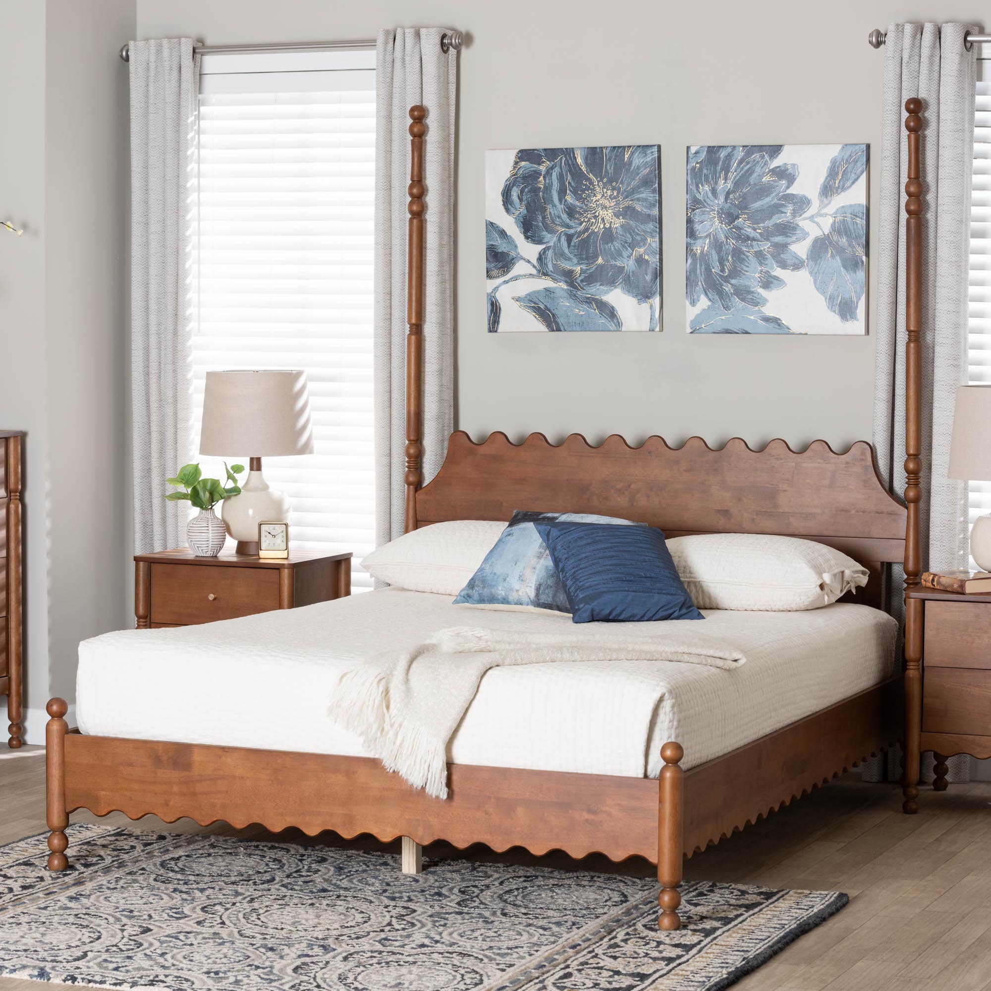 Baxton Studio Hoffman Platform Bed - Farmhouse Bed Frame with Scalloped Design and Turned Posts, Walnut Brown, King