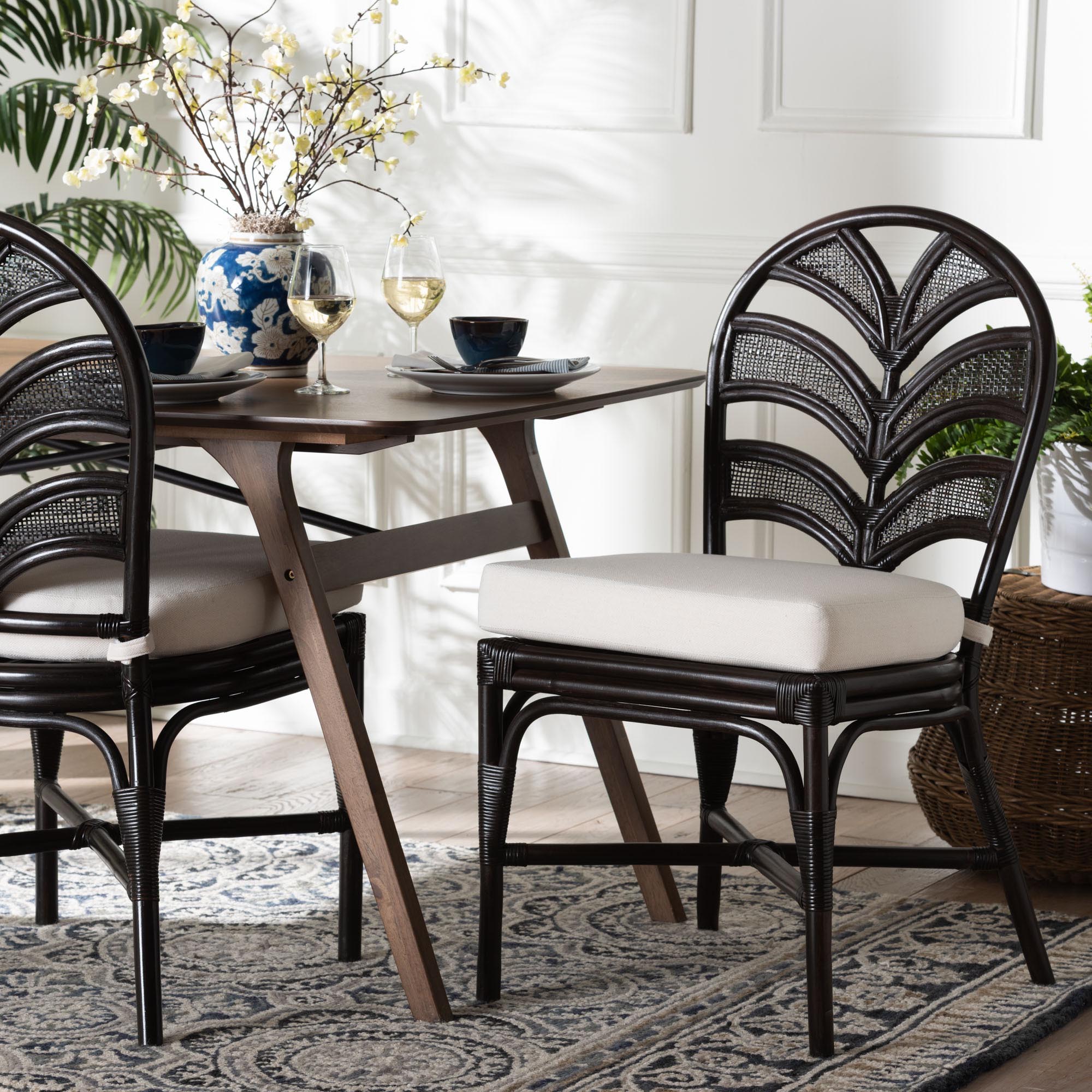 Niven Natural Rattan Dining Chair with Cushion - Handwoven Wicker Accent Chair with Banana Leaf Backrest Design for Kitchen or Dining Room