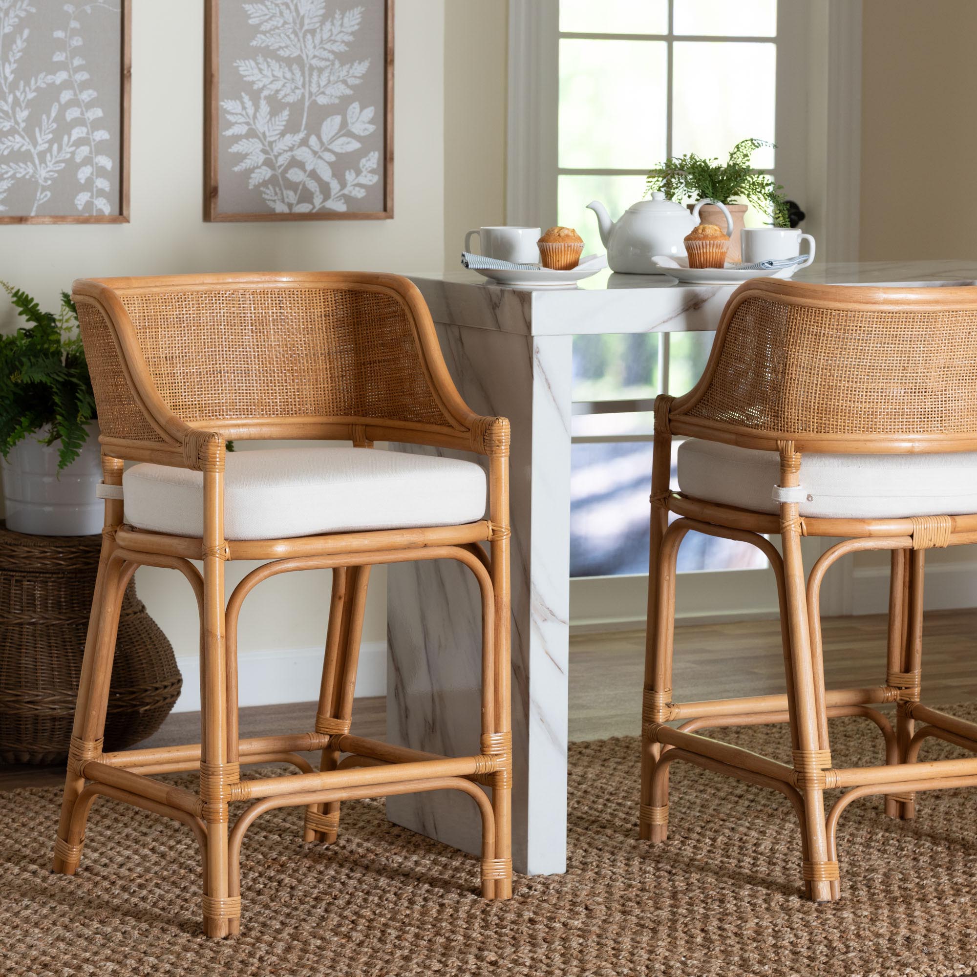 Ottis Natural Rattan Counter Stool with Cushion - Handwoven Wicker Kitchen Island or Lounge Seating with Integrated Footrest
