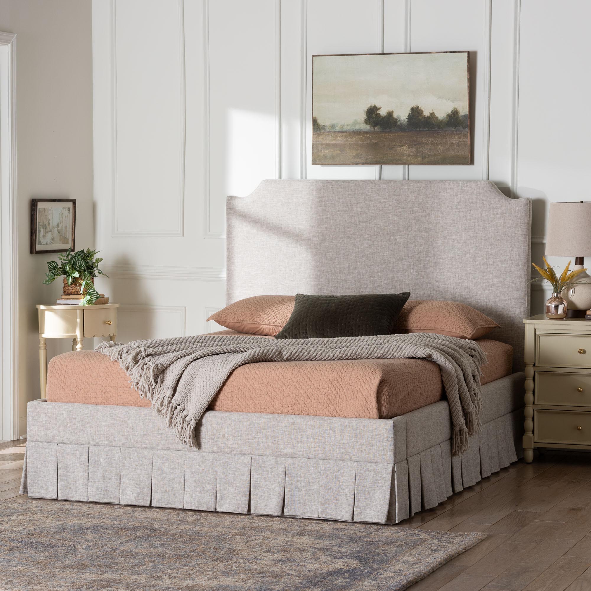 Ronelyn Platform Bed with Pleated Skirt - Fabric Upholstered Bed Frame with Panel Headboard, Queen