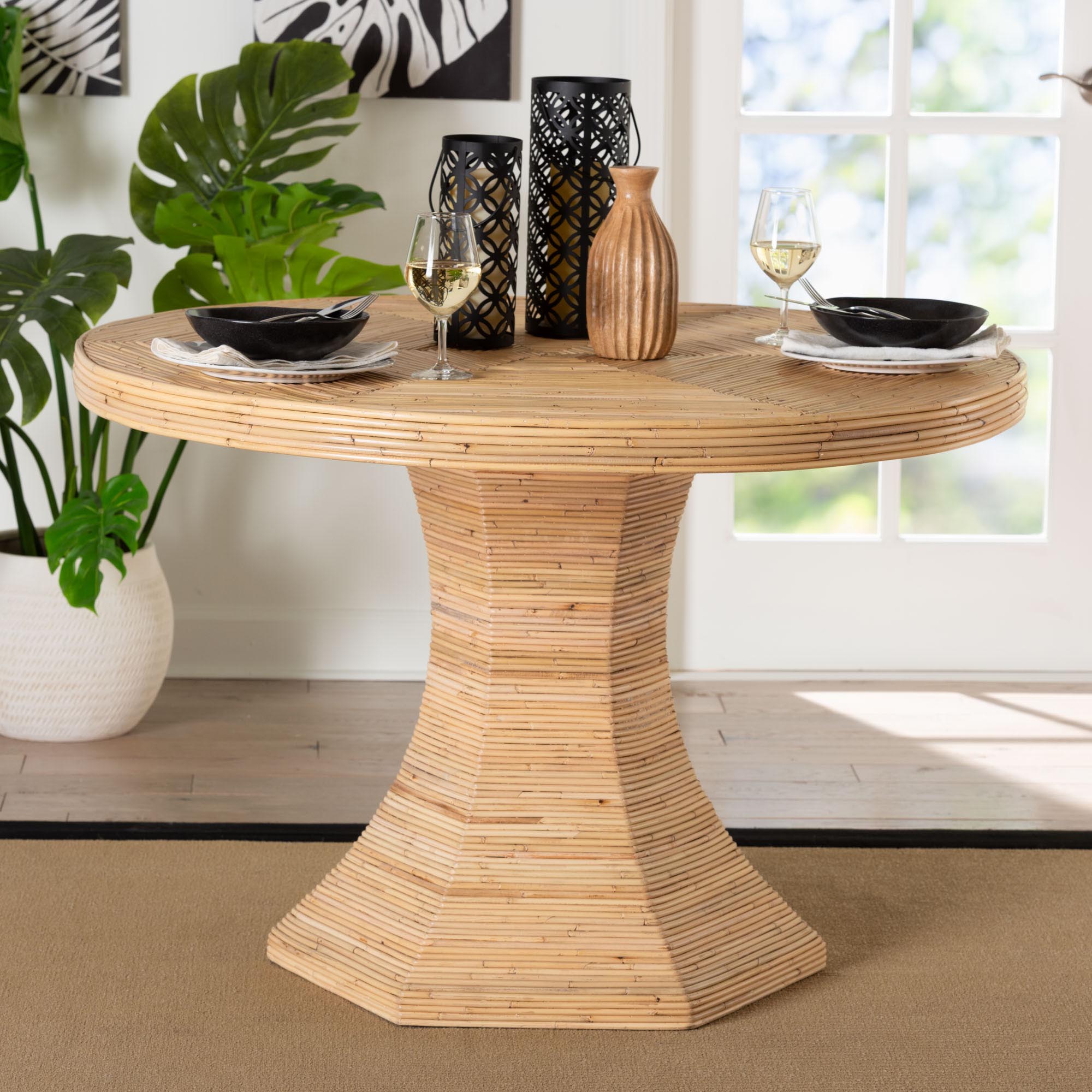 Benito Natural Rattan Dining Table - Handcrafted Wicker Table with Hourglass Pedestal Base for Kitchen, Dining Room, or Breakfast Nook