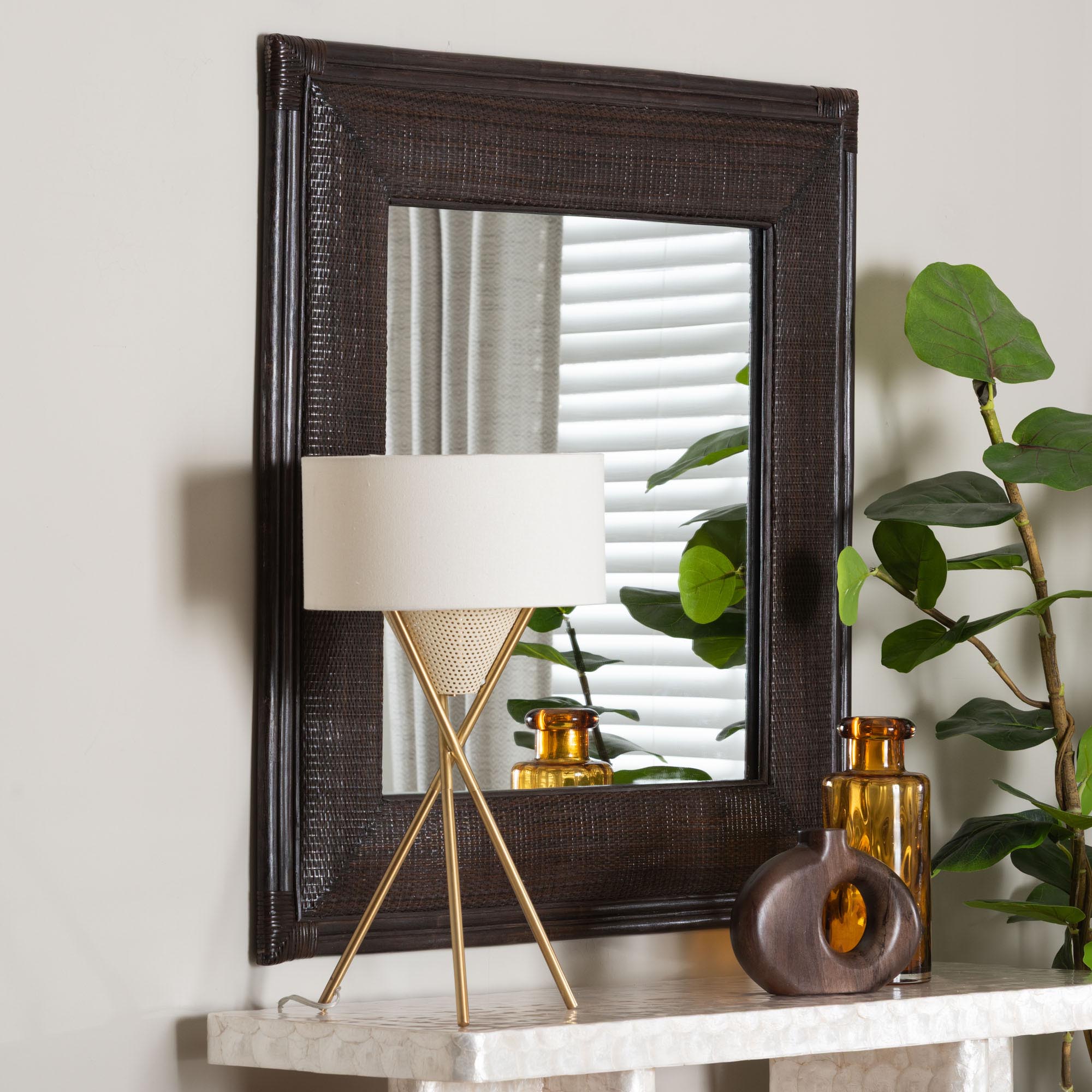 Candela Natural Rattan Wall Mirror - Handwoven Wicker Accent Piece with Inset Mirrored Glass and Textured Frame