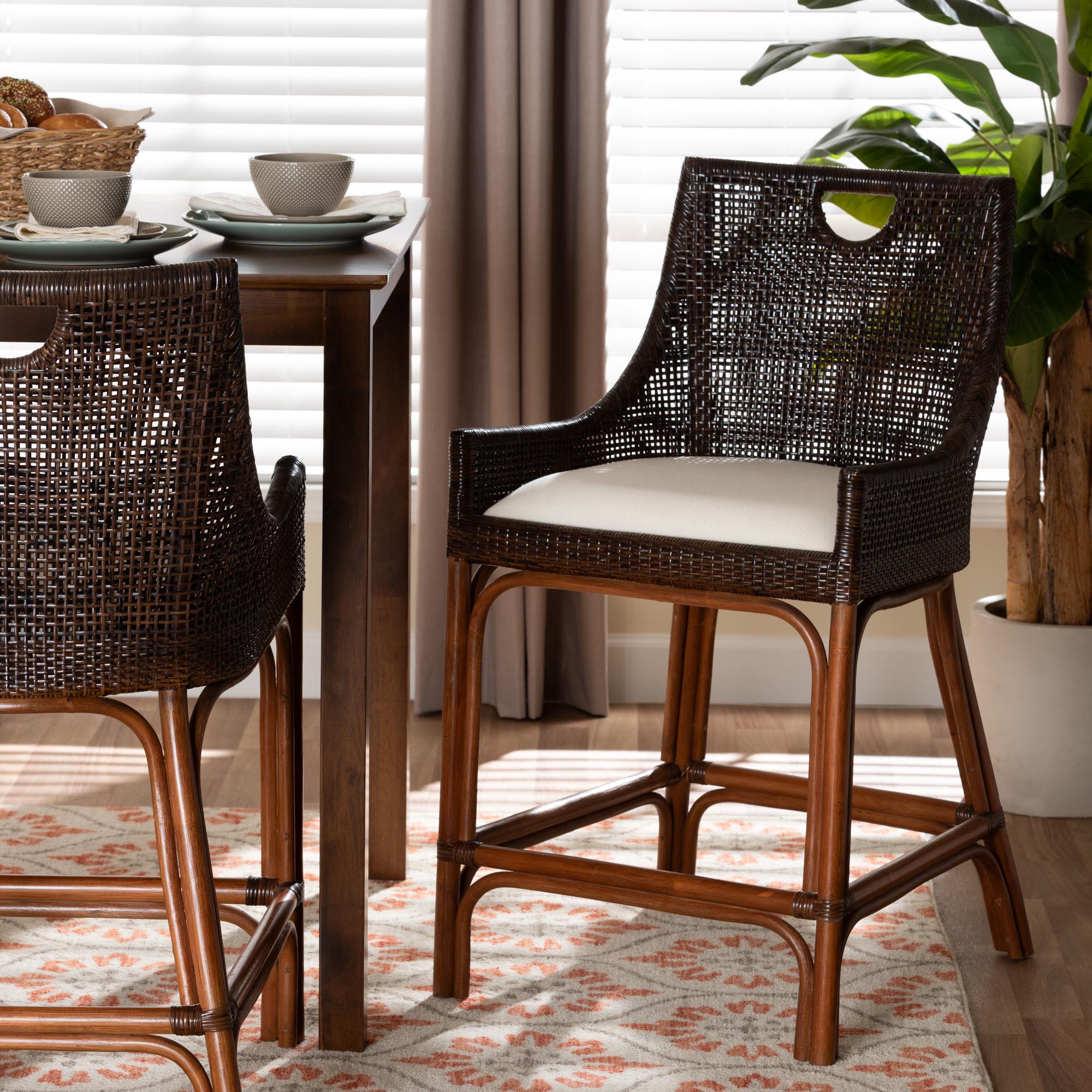 Petra Natural Rattan Counter Stool - Handwoven Wicker Accent Stool with Wingback Profile and Cutout Handle, Espresso