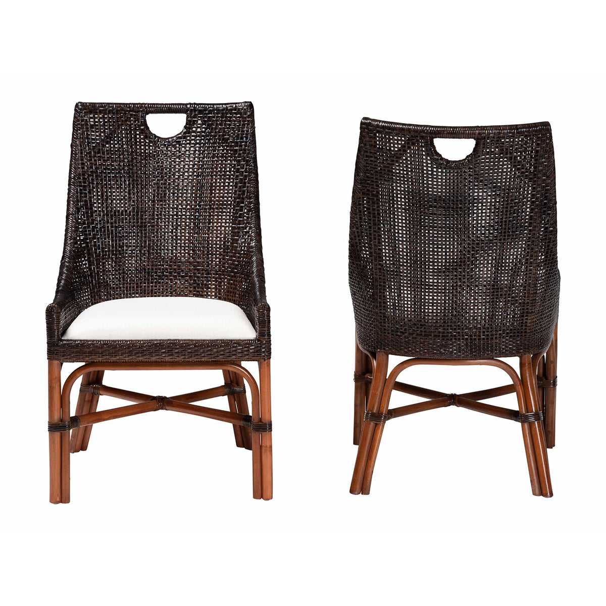 Petra Natural Rattan 2-Piece Dining Chair Set - Handwoven Wicker Accent Chair with Wingback Profile and Cutout Handle, Espresso