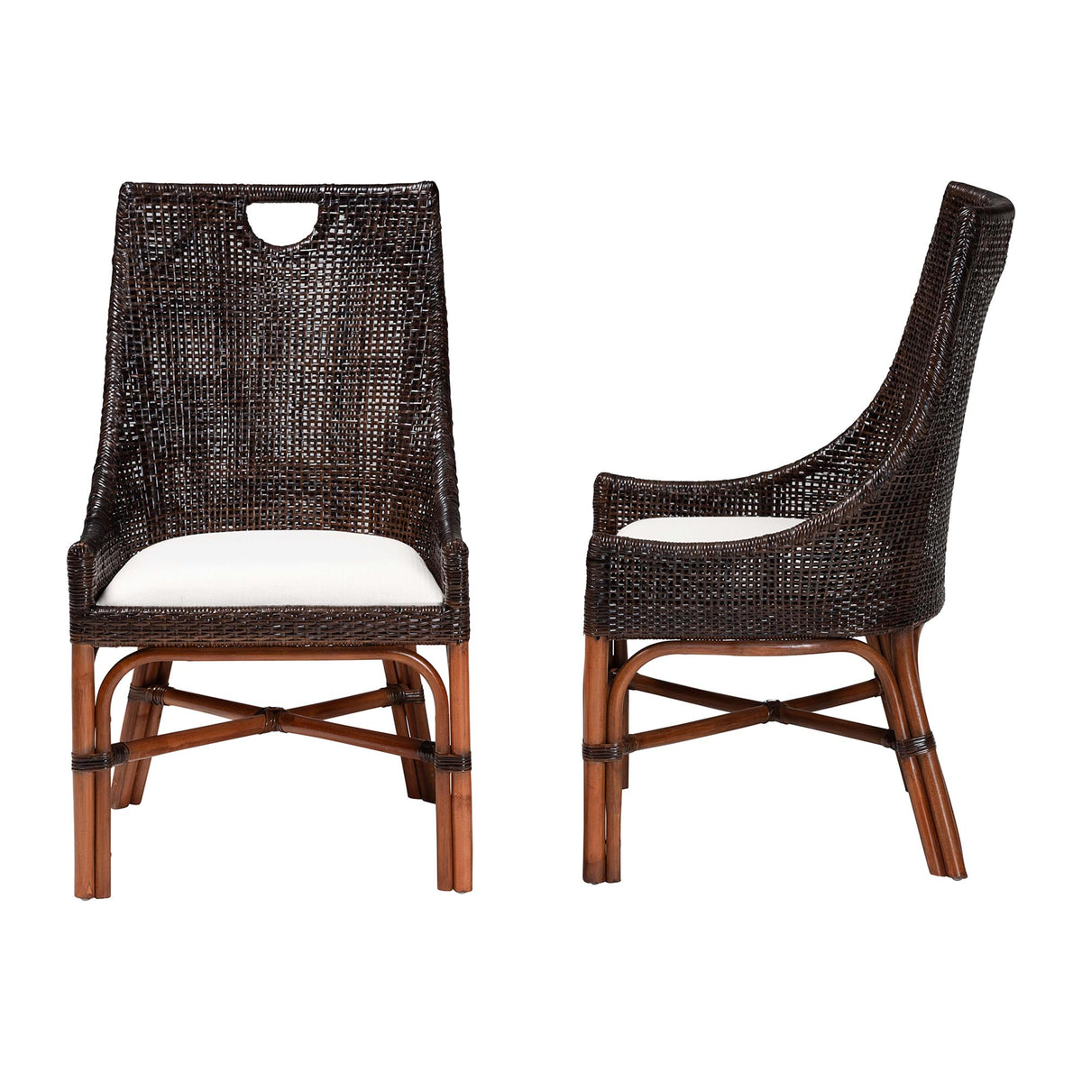 Petra Natural Rattan 2-Piece Dining Chair Set - Handwoven Wicker Accent Chair with Wingback Profile and Cutout Handle, Espresso