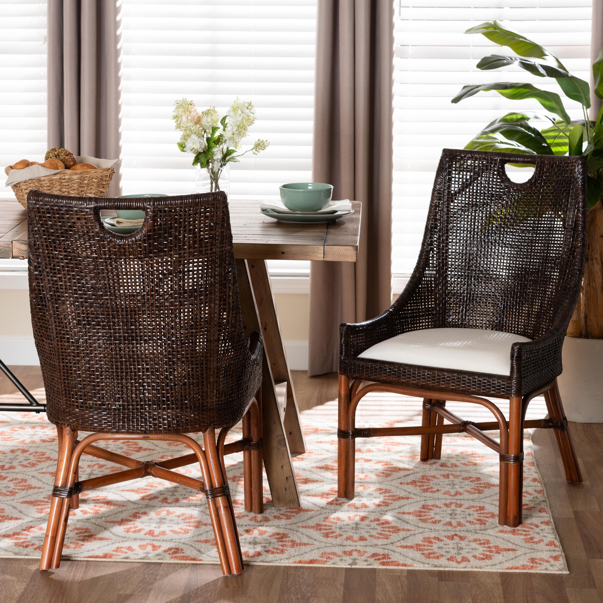 Petra Natural Rattan 2-Piece Dining Chair Set - Handwoven Wicker Accent Chair with Wingback Profile and Cutout Handle, Espresso