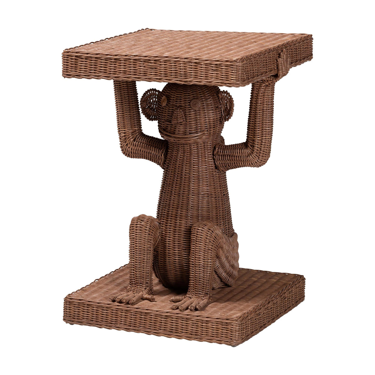 Miyoco Monkey End Table - Handwoven Rattan Sculptural Accent Side Table with Platform Base