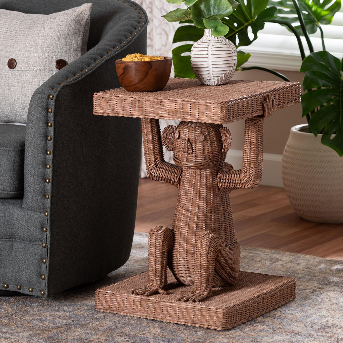 Miyoco Monkey End Table - Handwoven Rattan Sculptural Accent Side Table with Platform Base