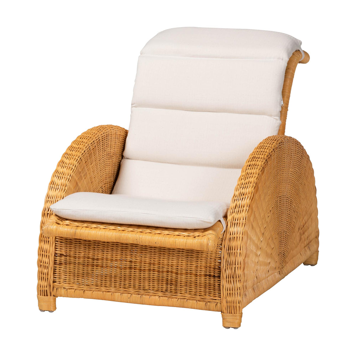 Aries Natural Rattan Chaise Lounge Chair with Cushion - Handwoven Wicker Accent Lounger Rolled Backrest and Arms for Living Room or Sunroom