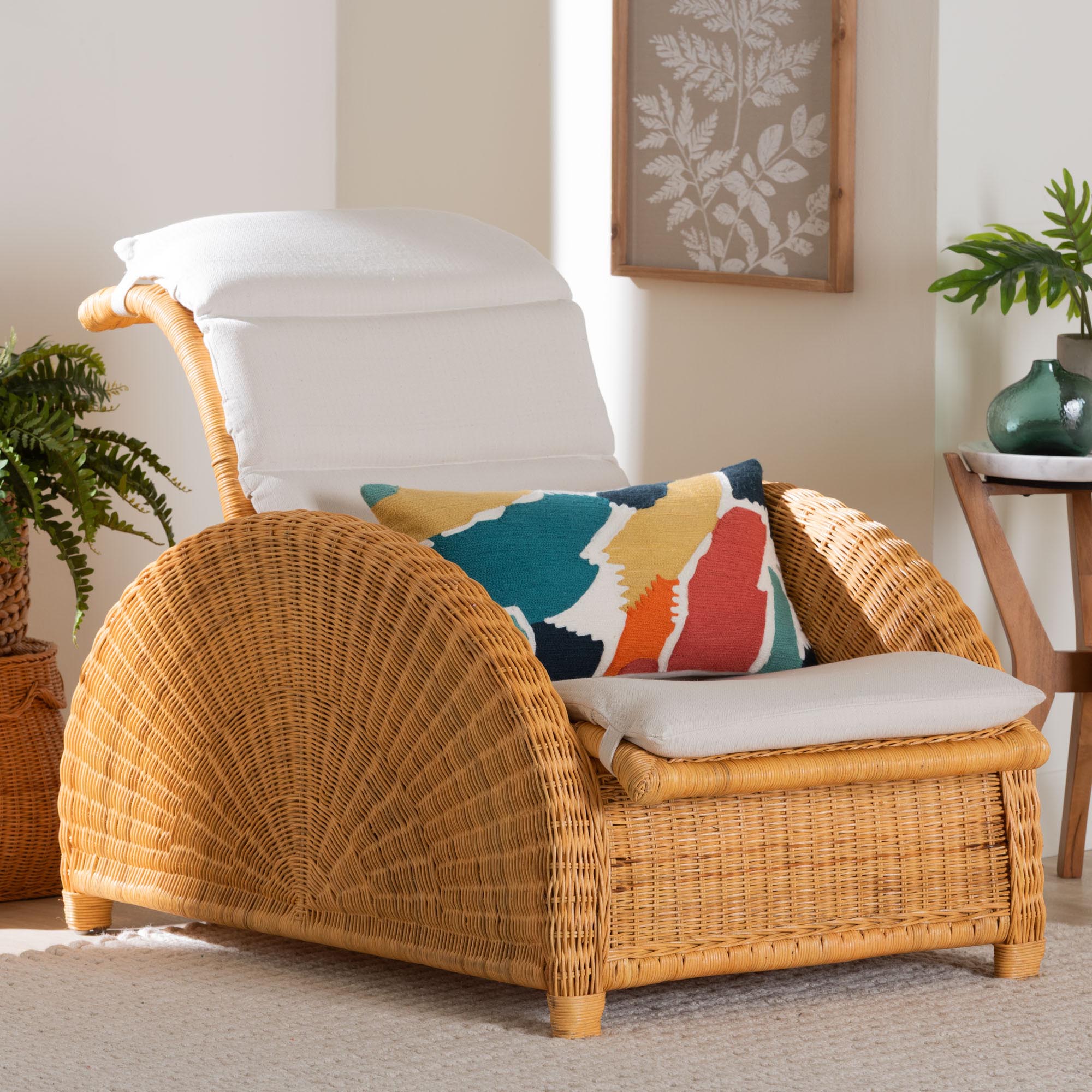 Aries Natural Rattan Chaise Lounge Chair with Cushion - Handwoven Wicker Accent Lounger Rolled Backrest and Arms for Living Room or Sunroom