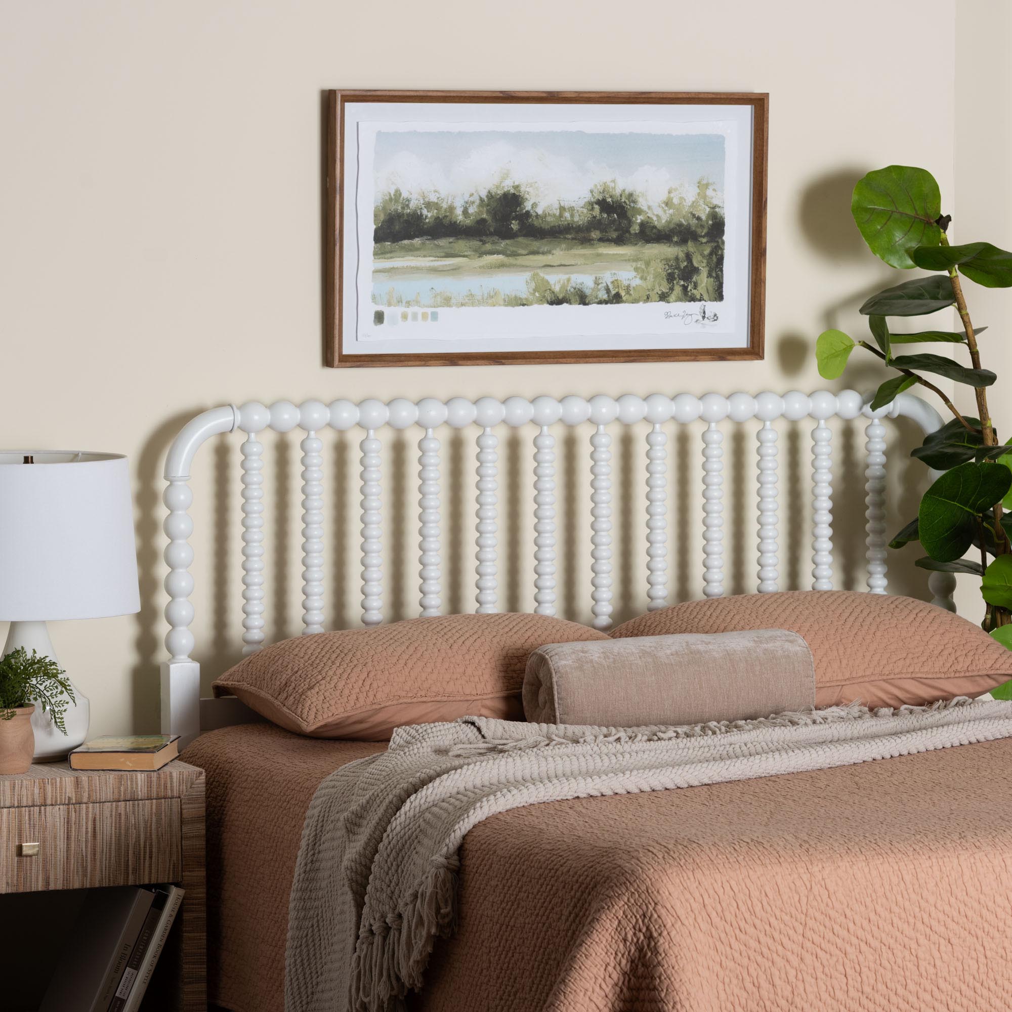 Finley Turned Bobbin Headboard - Crafted Wood Panel with Decorative Spindle Design for Cottage Farmhouse Bedroom, Queen, White