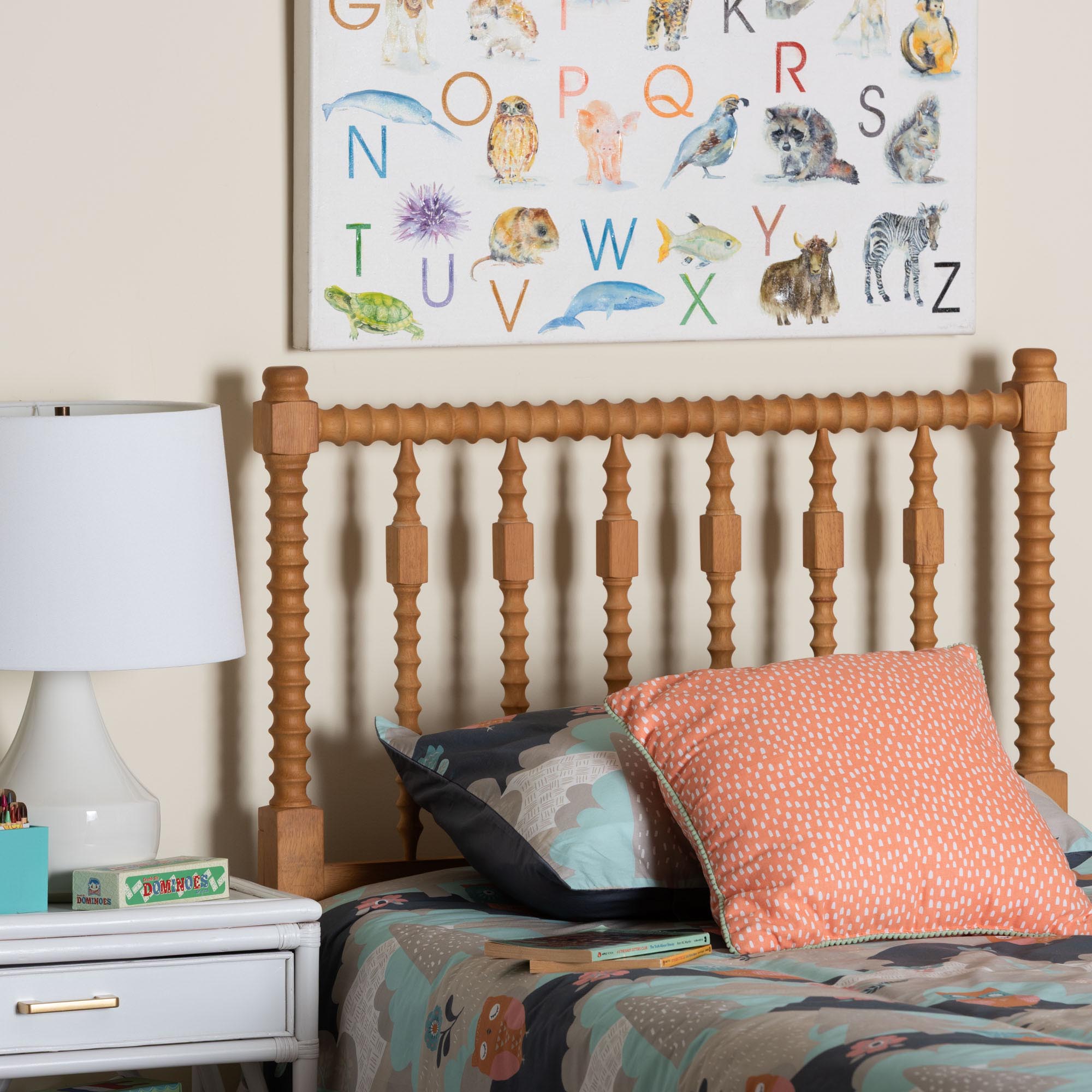 Juliette Turned Spindle Headboard - Crafted Wood Panel with Decorative Spoke Design for Cottage Farmhouse Bedroom, Twin, Oak Brown