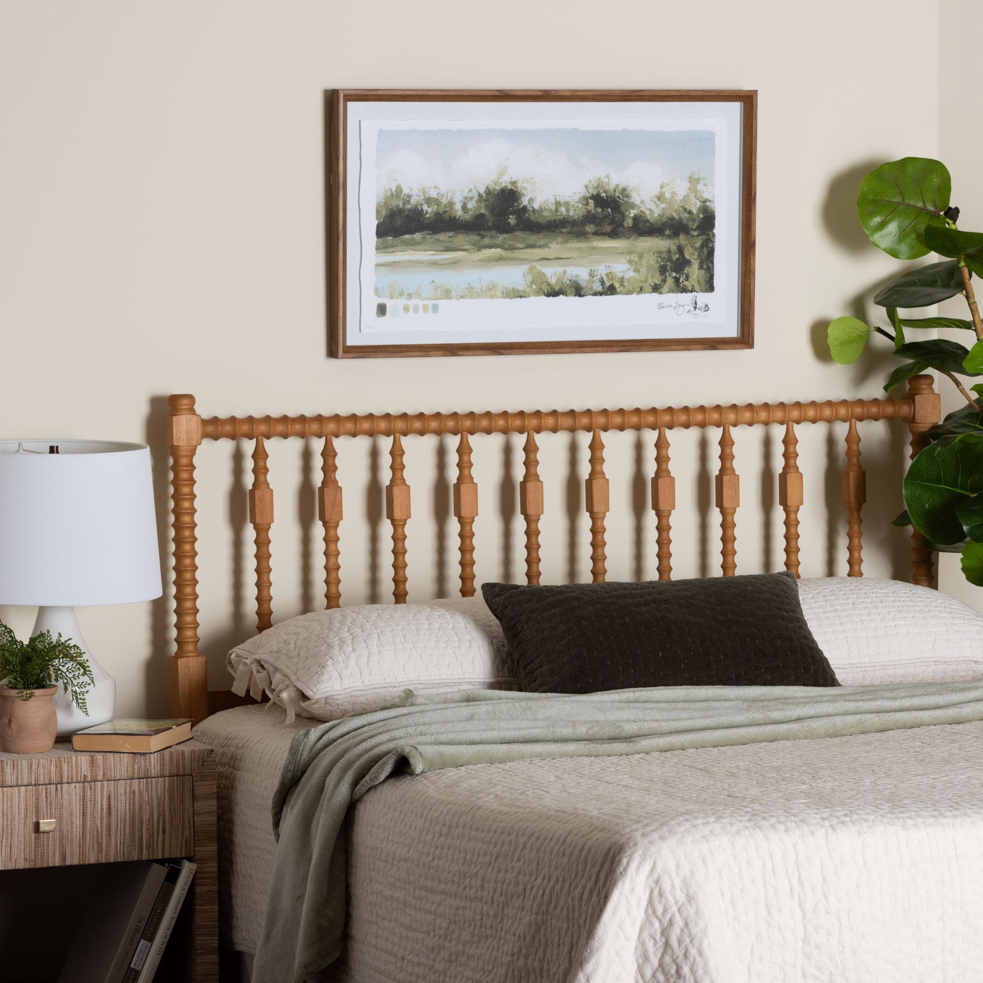Juliette Turned Spindle Headboard - Crafted Wood Panel with Decorative Spoke Design for Cottage Farmhouse Bedroom, Queen, Oak Brown