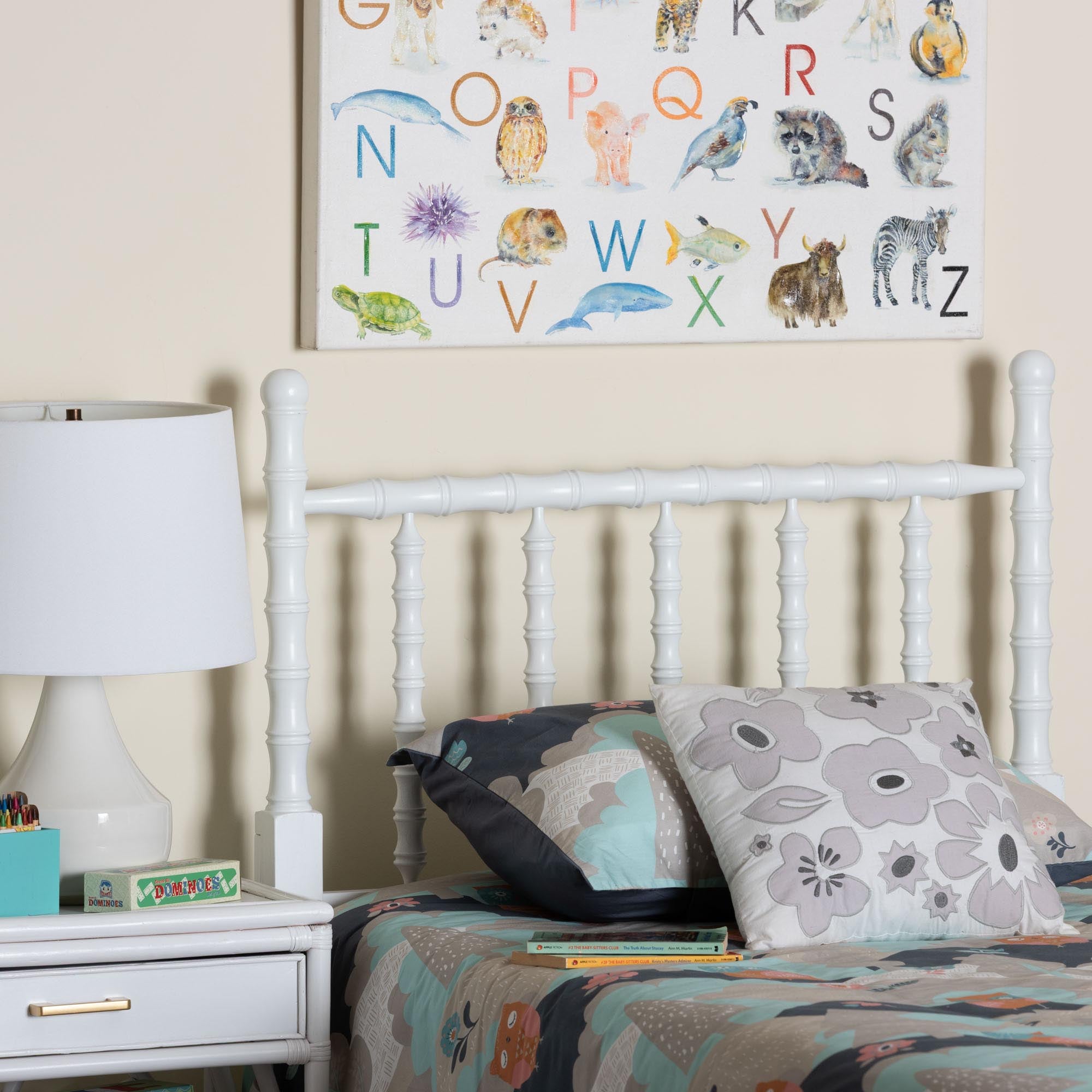 Edaline Bamboo Motif Headboard - Crafted Wood Panel with Decorative Turned Spindle Design for Boho Costal Bedroom, Twin, White