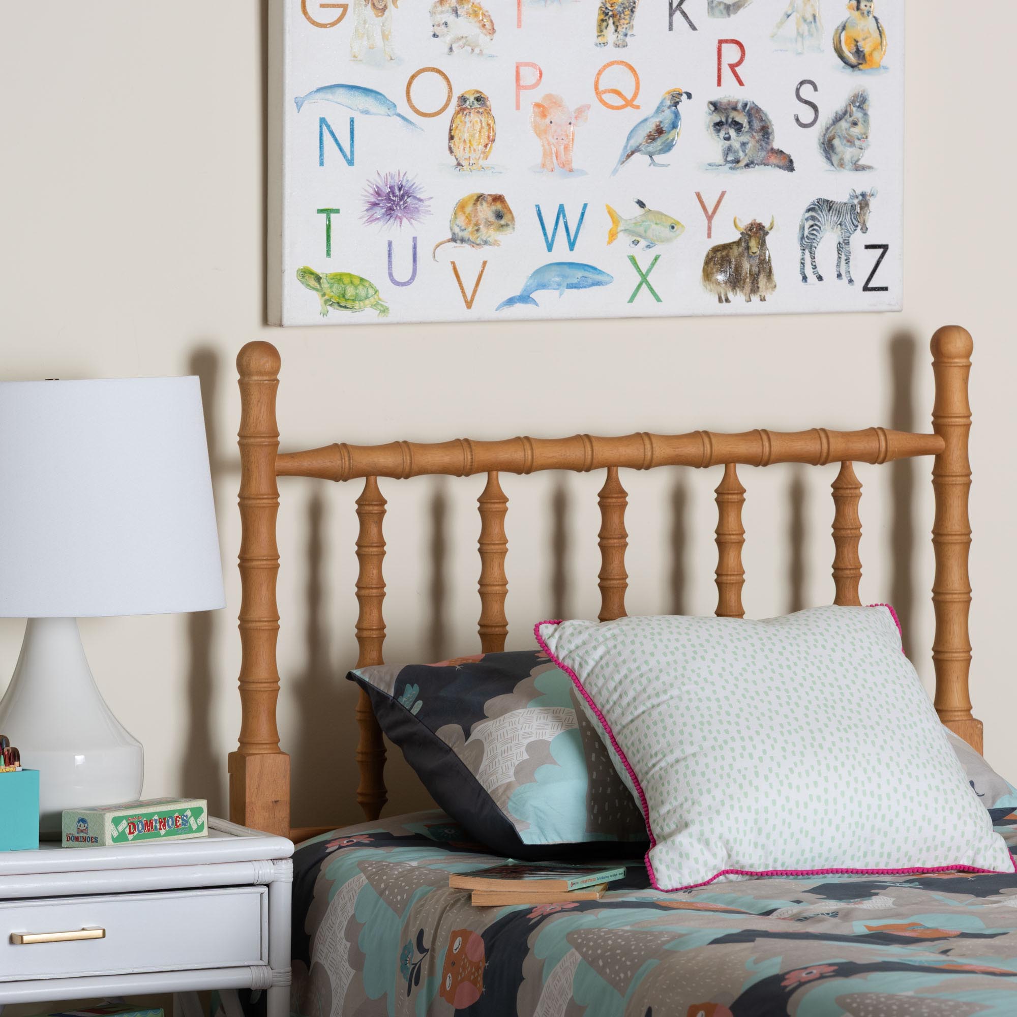 Edaline Bamboo Motif Headboard - Crafted Wood Panel with Decorative Turned Spindle Design for Boho Costal Bedroom, Twin, Oak Brown