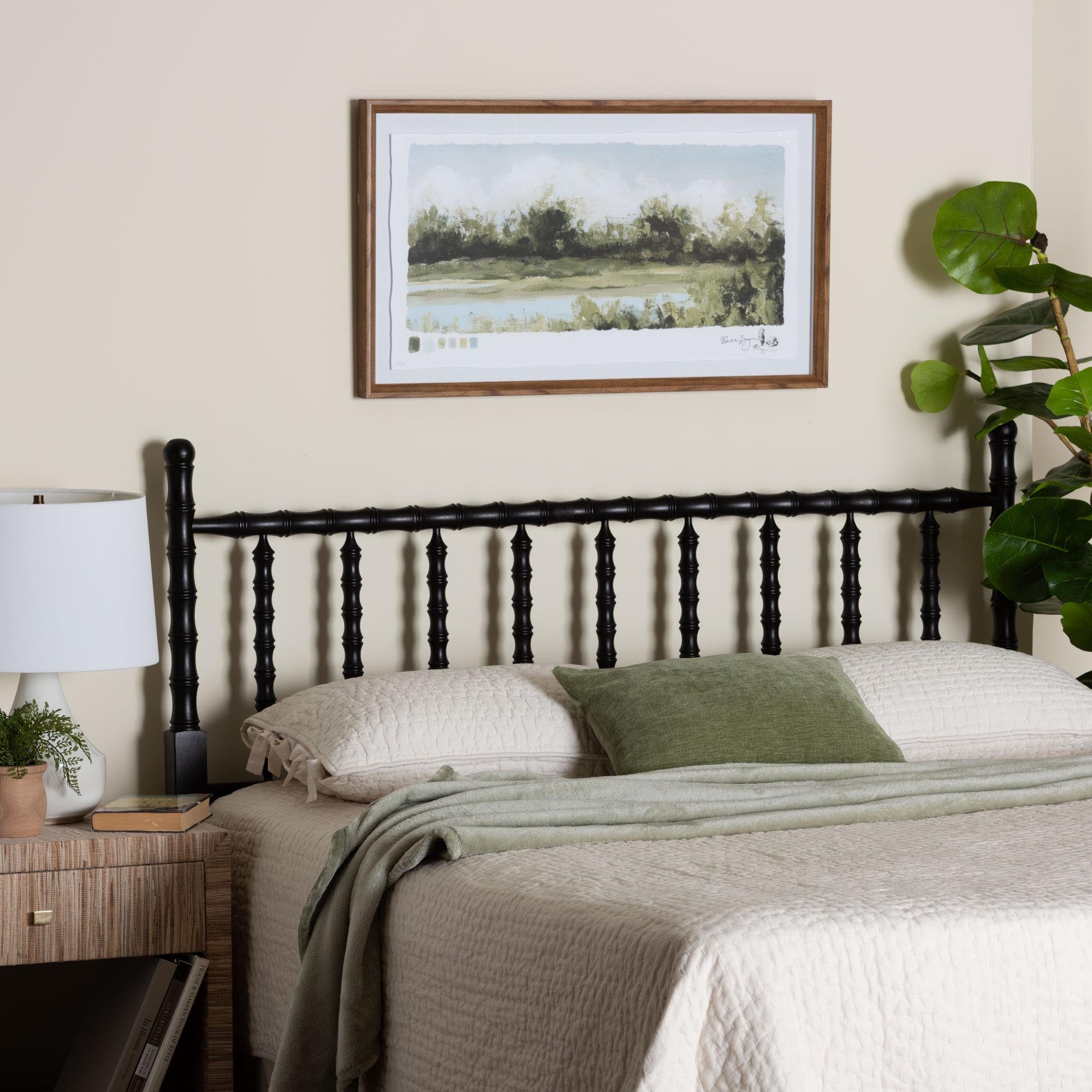 Edaline Bamboo Motif Headboard - Crafted Wood Panel with Decorative Turned Spindle Design for Boho Costal Bedroom, Full, Black