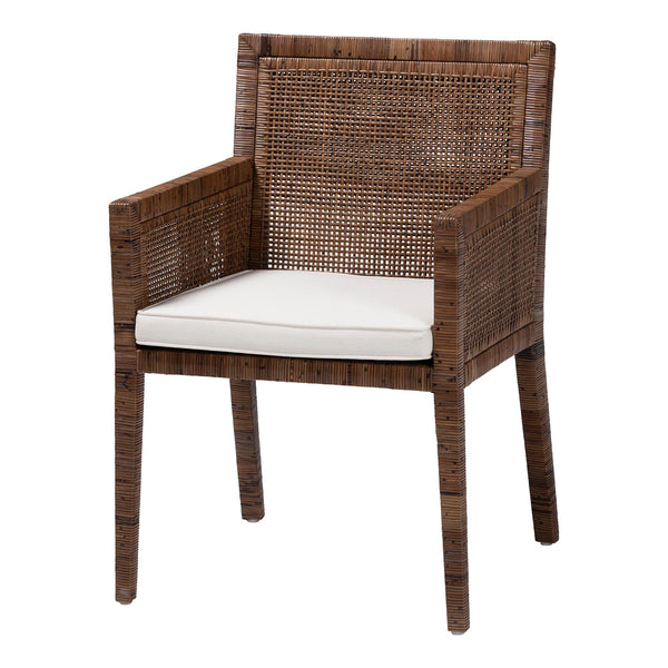 Karis Rattan Dining Chair with Cushion - Handwoven Wicker Armchair with Mahogany Wood Frame, Coastal Boho Style Indoor Seating, Antique Coffee