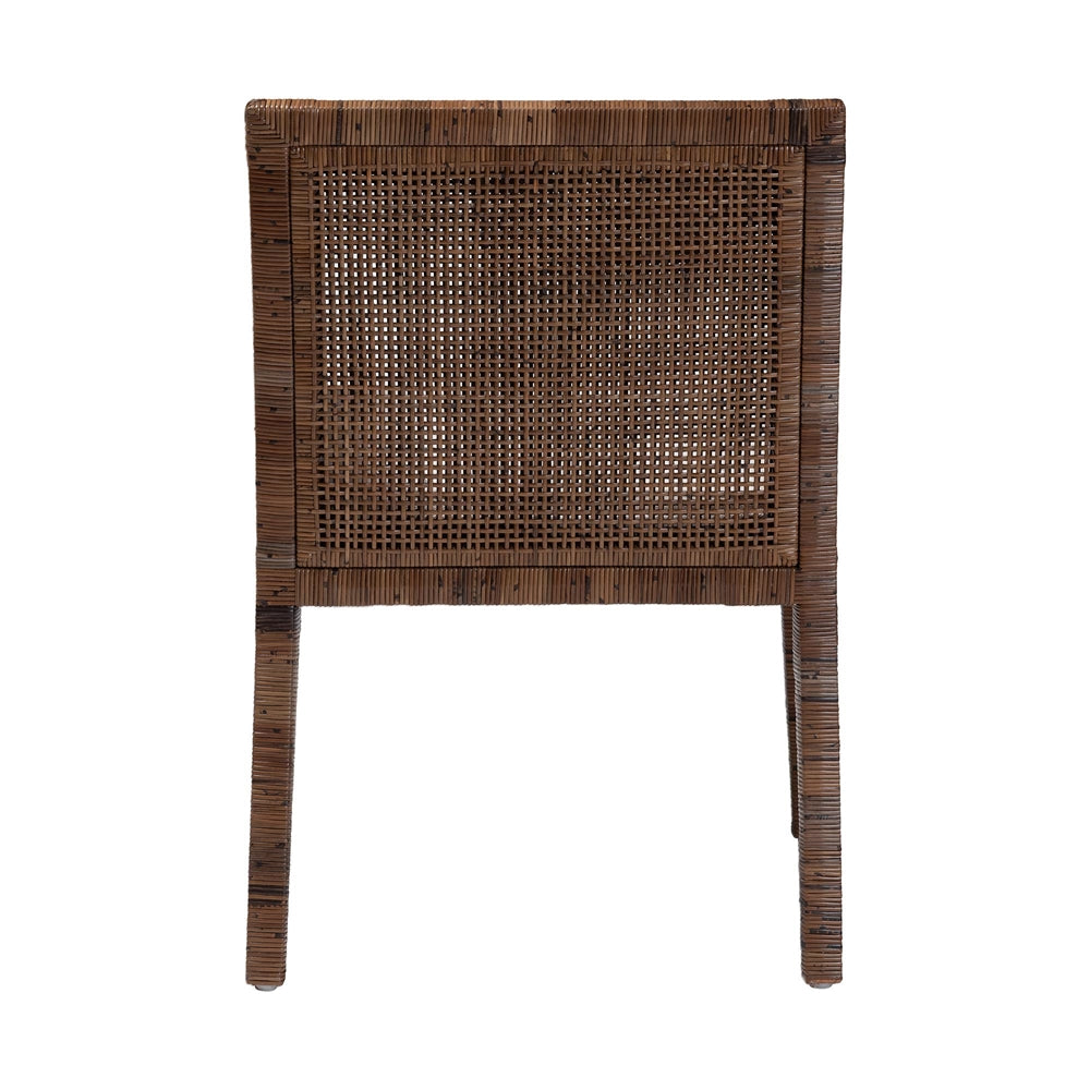 Karis Rattan Dining Chair with Cushion - Handwoven Wicker Armchair with Mahogany Wood Frame, Coastal Boho Style Indoor Seating, Antique Coffee