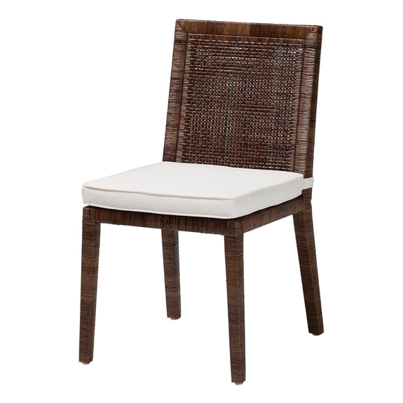 Sofia Rattan Dining Chair with Cushion - Handwoven Wicker Side Chair with Mahogany Wood Frame, Coastal Boho Style Indoor Seating, Antique Coffee