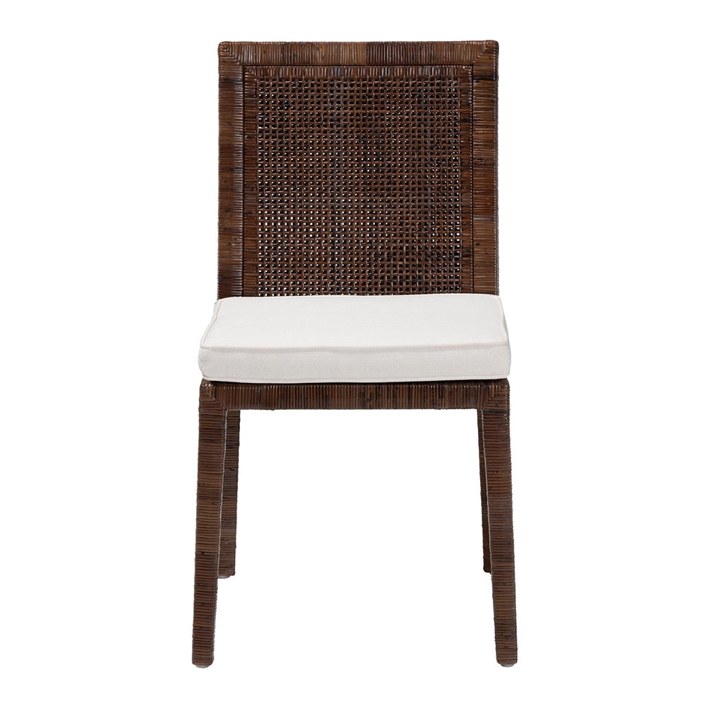 Sofia Rattan Dining Chair with Cushion - Handwoven Wicker Side Chair with Mahogany Wood Frame, Coastal Boho Style Indoor Seating, Antique Coffee