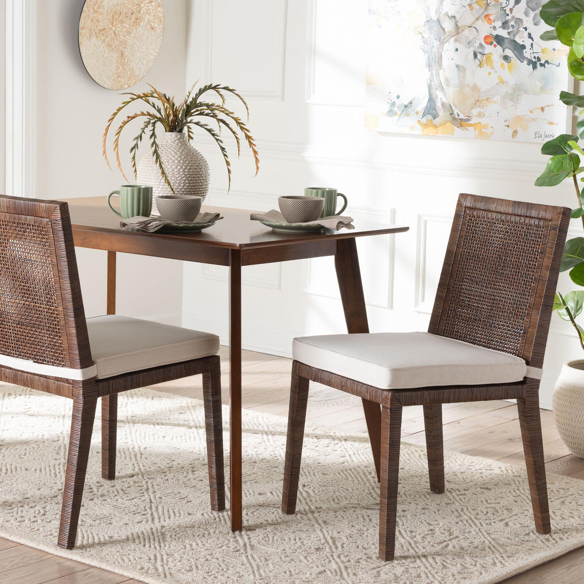 Sofia Rattan Dining Chair with Cushion - Handwoven Wicker Side Chair with Mahogany Wood Frame, Coastal Boho Style Indoor Seating, Antique Coffee
