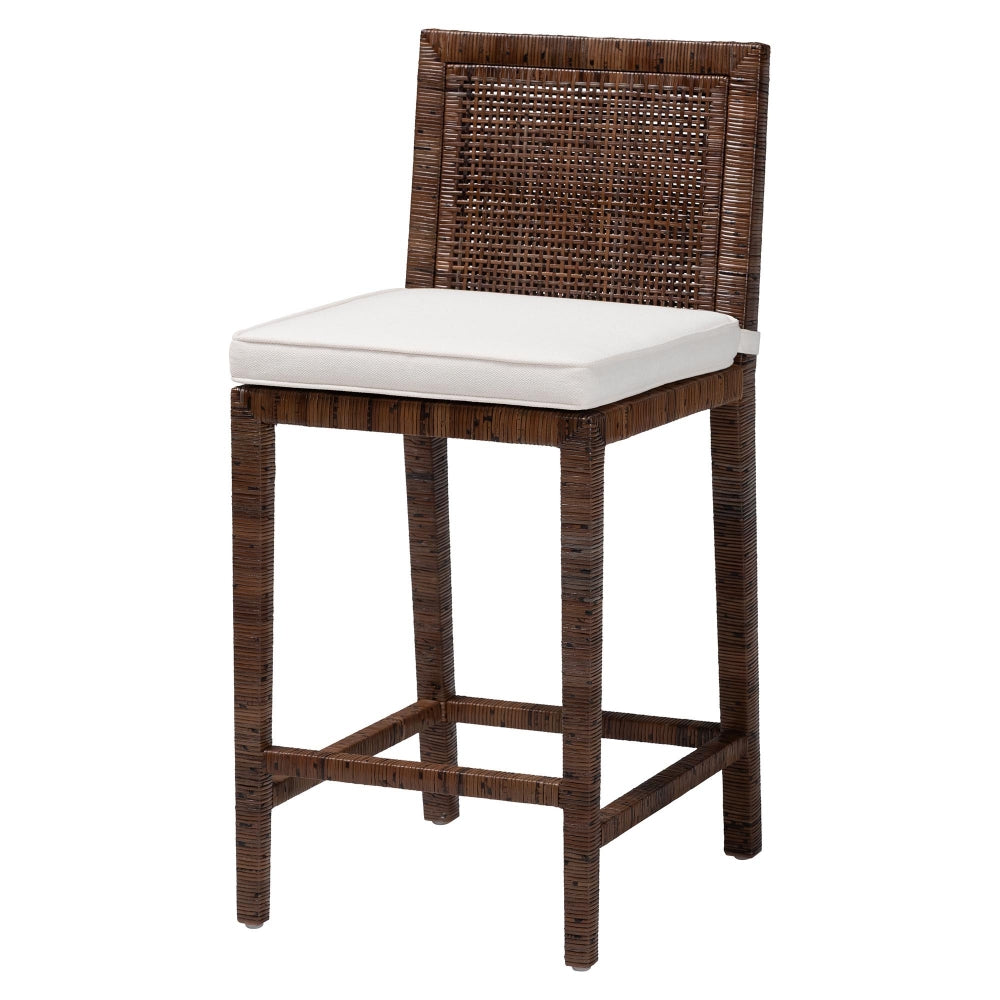 Sofia Rattan Counter Stool with Mahogany Wood Frame - Handwoven Wicker Counter Height Chair with Cushion, Coastal Boho Style Kitchen Island Seating, Antique Coffee