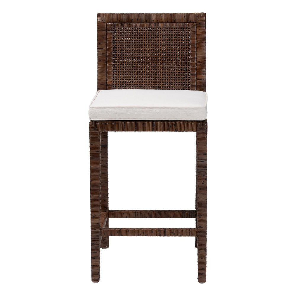 Sofia Rattan Counter Stool with Mahogany Wood Frame - Handwoven Wicker Counter Height Chair with Cushion, Coastal Boho Style Kitchen Island Seating, Antique Coffee
