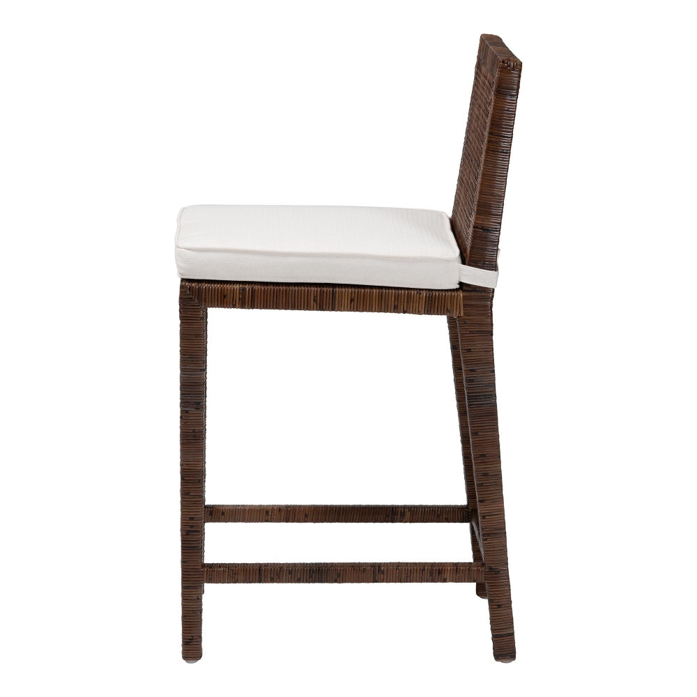 Sofia Rattan Counter Stool with Mahogany Wood Frame - Handwoven Wicker Counter Height Chair with Cushion, Coastal Boho Style Kitchen Island Seating, Antique Coffee