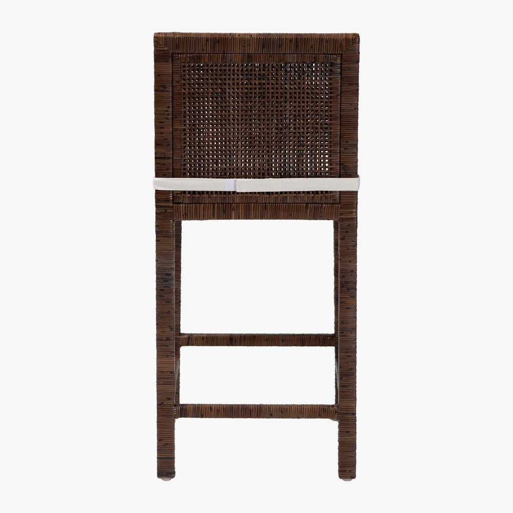 Sofia Rattan Counter Stool with Mahogany Wood Frame - Handwoven Wicker Counter Height Chair with Cushion, Coastal Boho Style Kitchen Island Seating, Antique Coffee