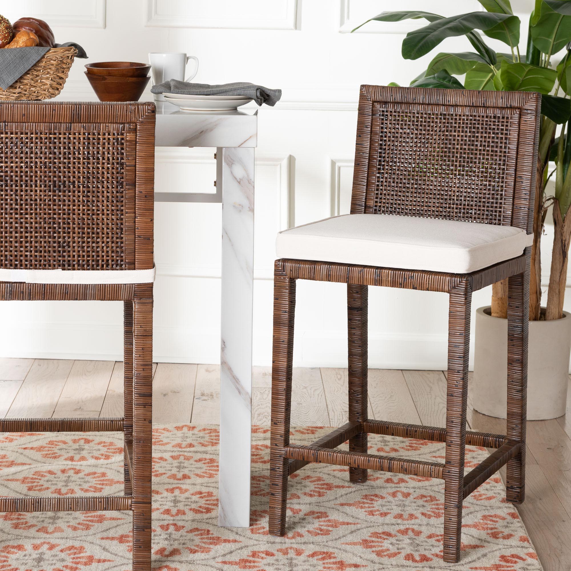 Sofia Rattan Counter Stool with Mahogany Wood Frame - Handwoven Wicker Counter Height Chair with Cushion, Coastal Boho Style Kitchen Island Seating, Antique Coffee