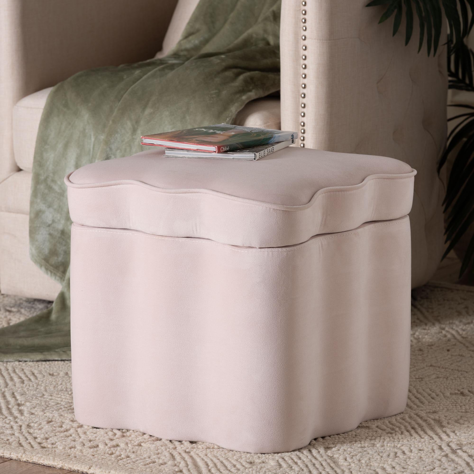 Baxton Studio Paulina Velvet Storage Ottoman - Lid Top Accent Stool with Interior Storage and Scalloped Outline for Bedroom or Living Room, Light Pink