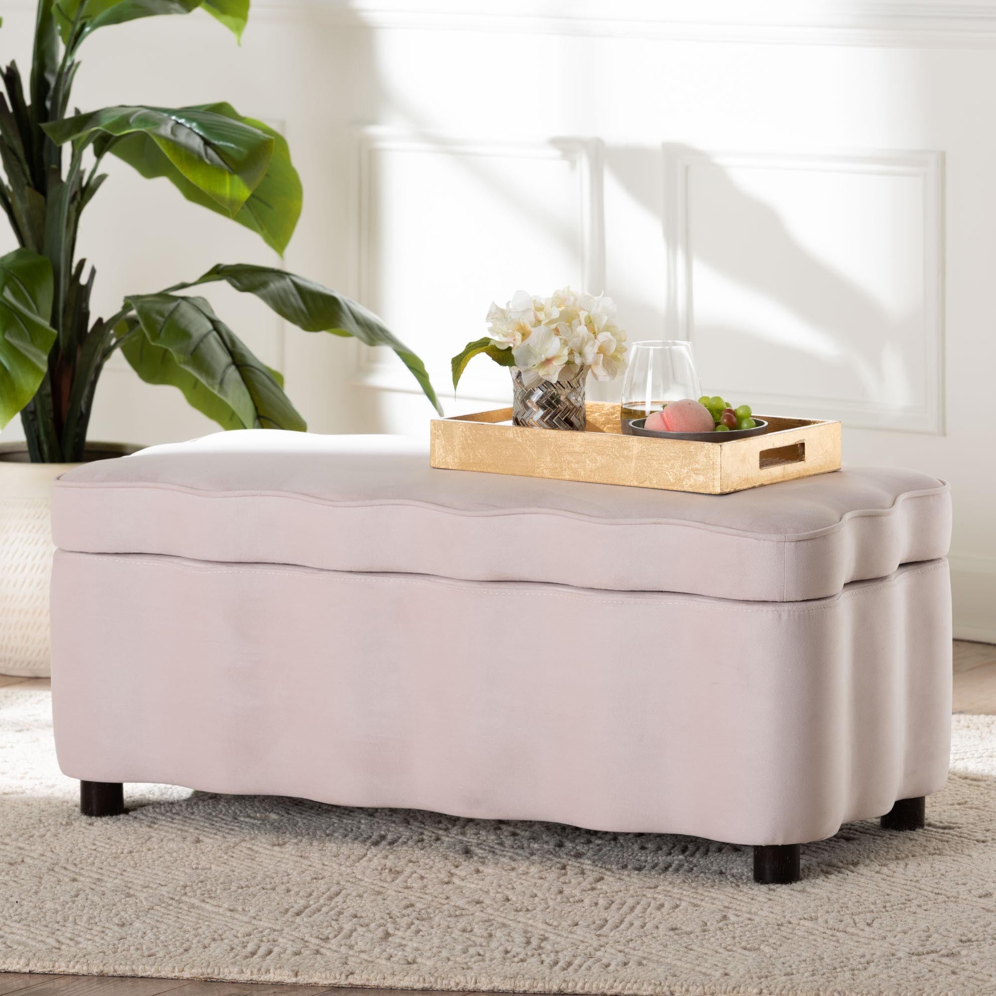 Baxton Studio Paulina Velvet Storage Bench - Lift Top Accent Bench with Interior Storage and Scalloped Outline for Bedroom or Living Room, Light Pink