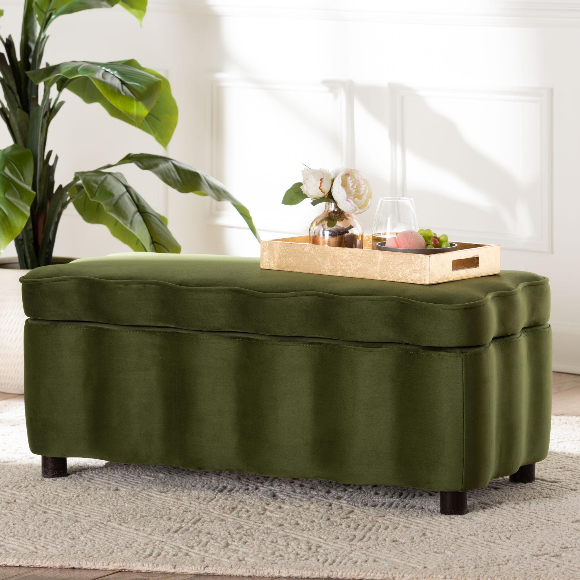 Baxton Studio Paulina Velvet Storage Bench - Lift Top Accent Bench with Interior Storage and Scalloped Outline for Bedroom or Living Room, Moss Green