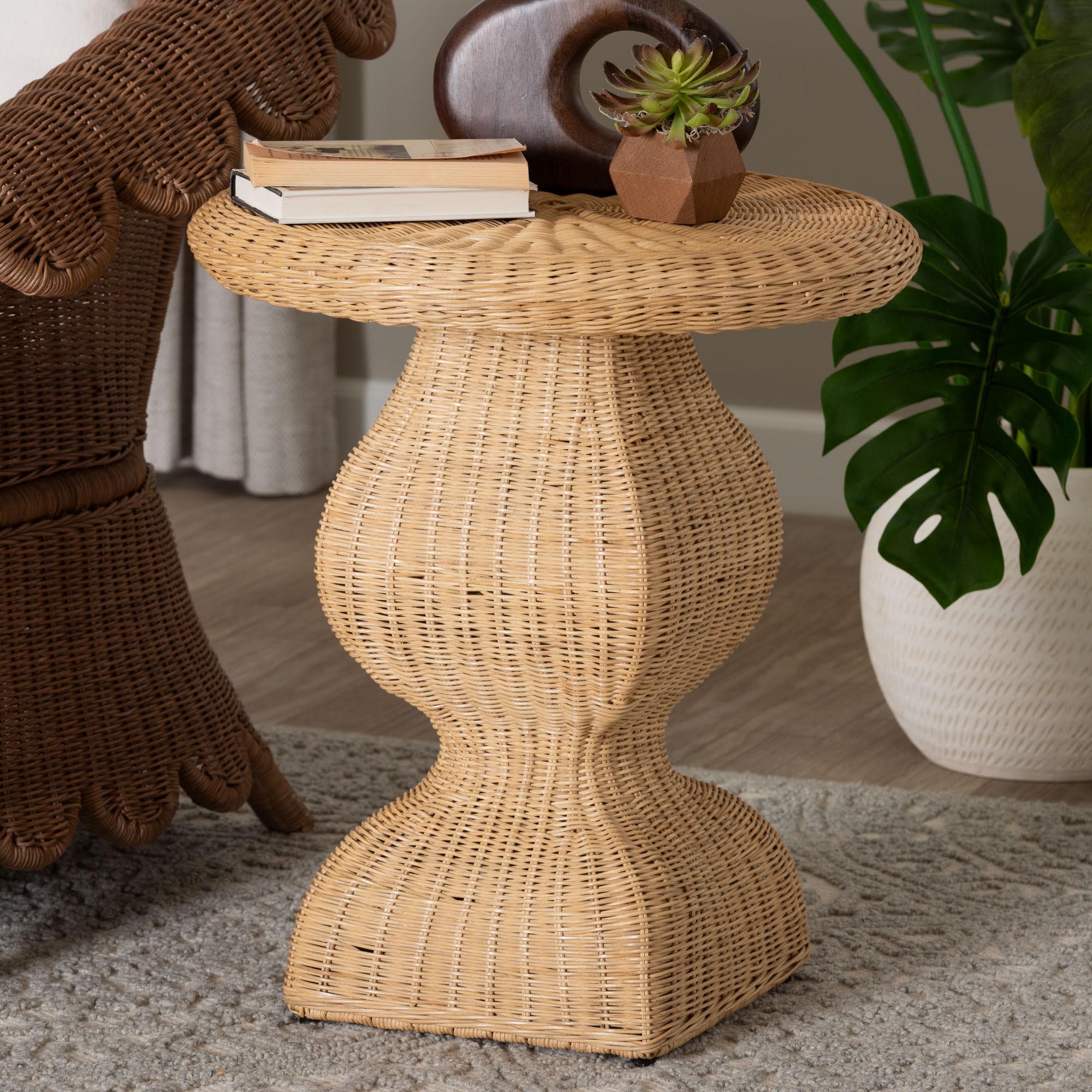 Hideo Natural Rattan End Table - Handwoven Wicker Sculptural Accent Table with Pedestal Base