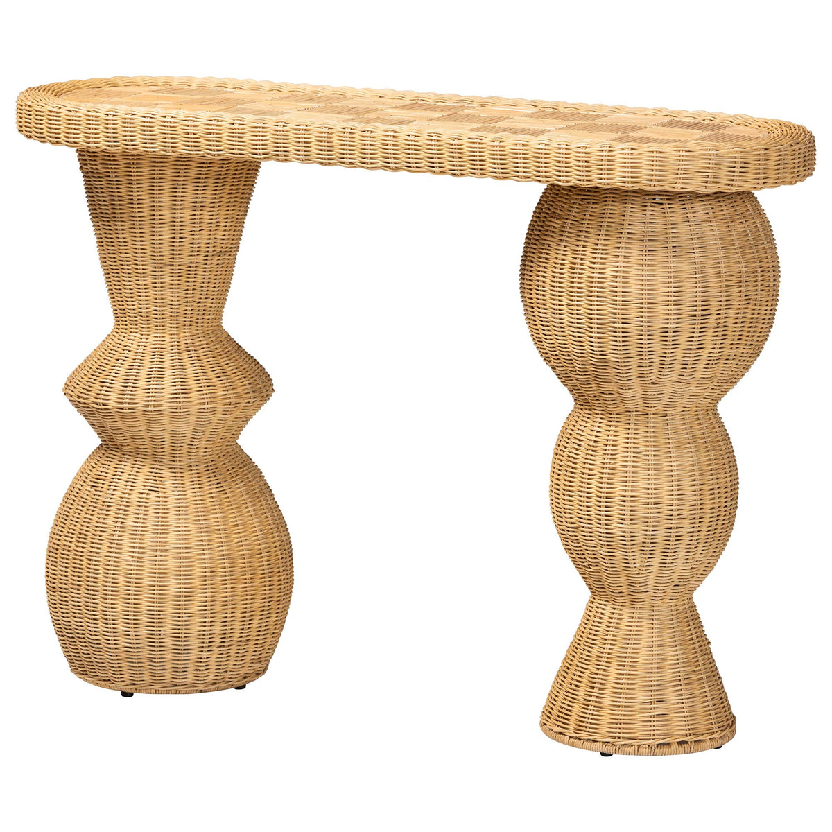 Hisao Natural Rattan Checkered Console Table with Sculptural Base