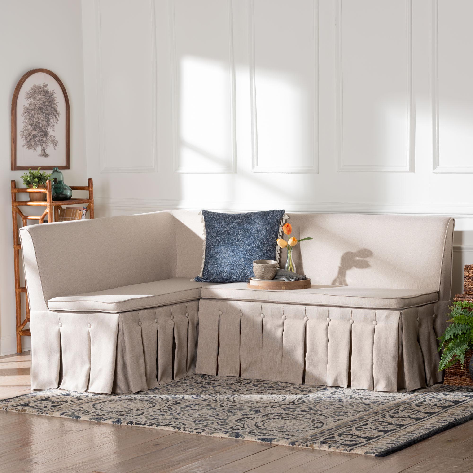 Meyer 2-Piece Fabric Upholstered Dining Nook Bench Set - Corner Kitchen Banquette Seating with Skirted Base, L-Shaped Breakfast Nook for Small Spaces, Beige