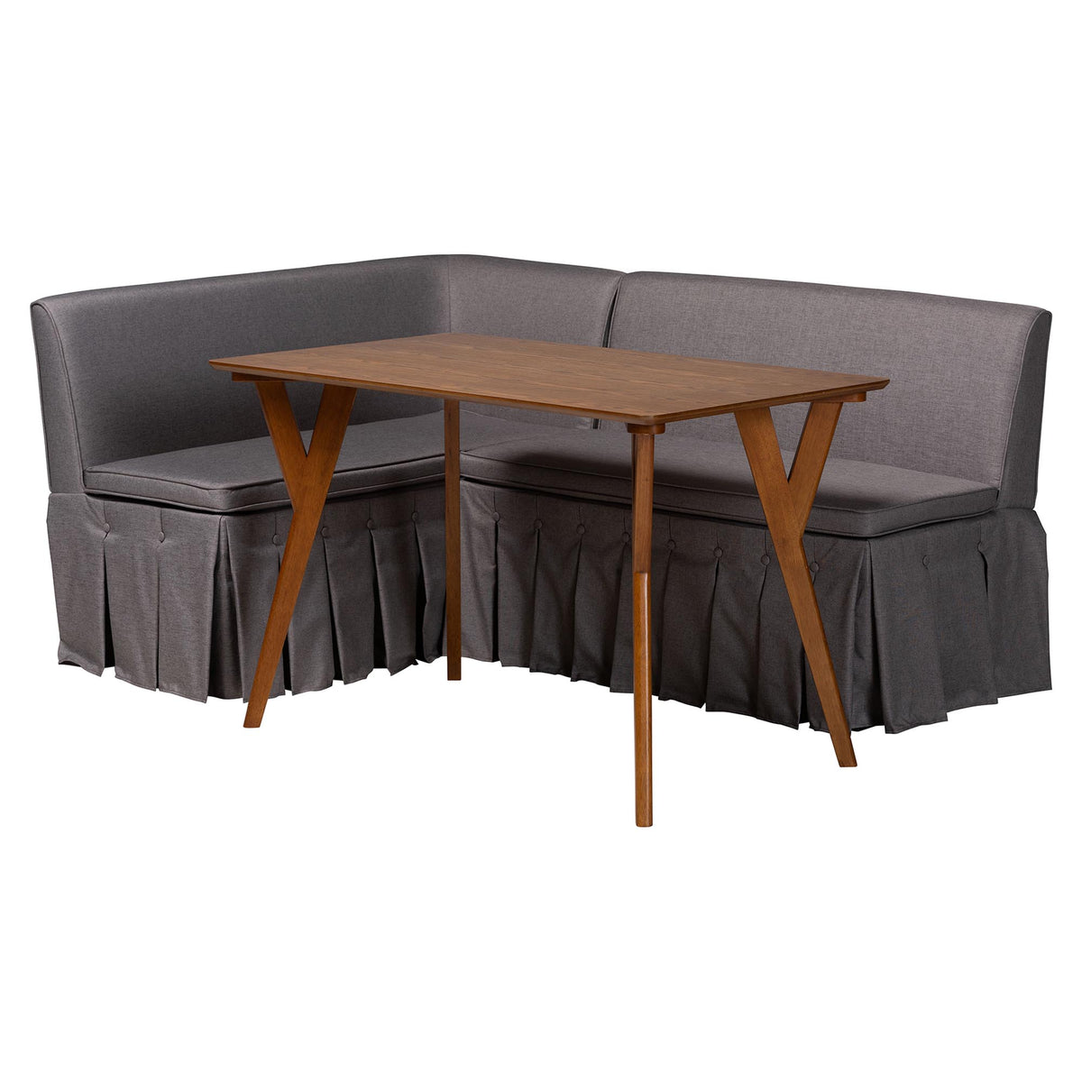 Reginald 3-Piece Fabric Upholstered Dining Nook Set - Corner Kitchen Dining Banquette Set with Skirted Base, L-Shaped Seating for Small Spaces, Grey