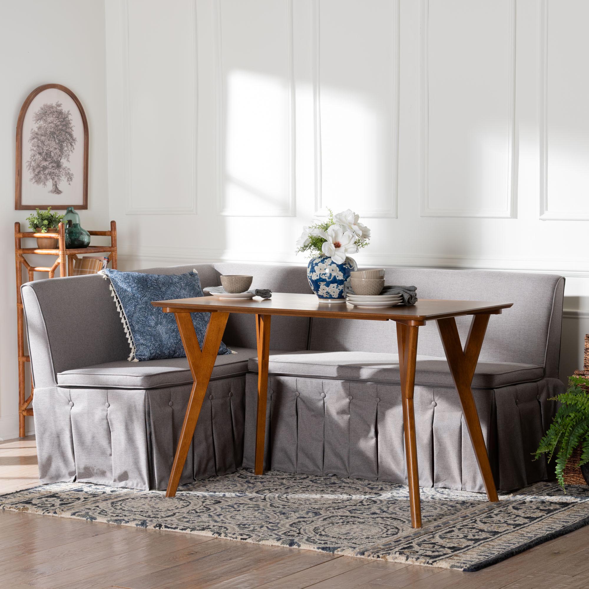 Reginald 3-Piece Fabric Upholstered Dining Nook Set - Corner Kitchen Dining Banquette Set with Skirted Base, L-Shaped Seating for Small Spaces, Grey