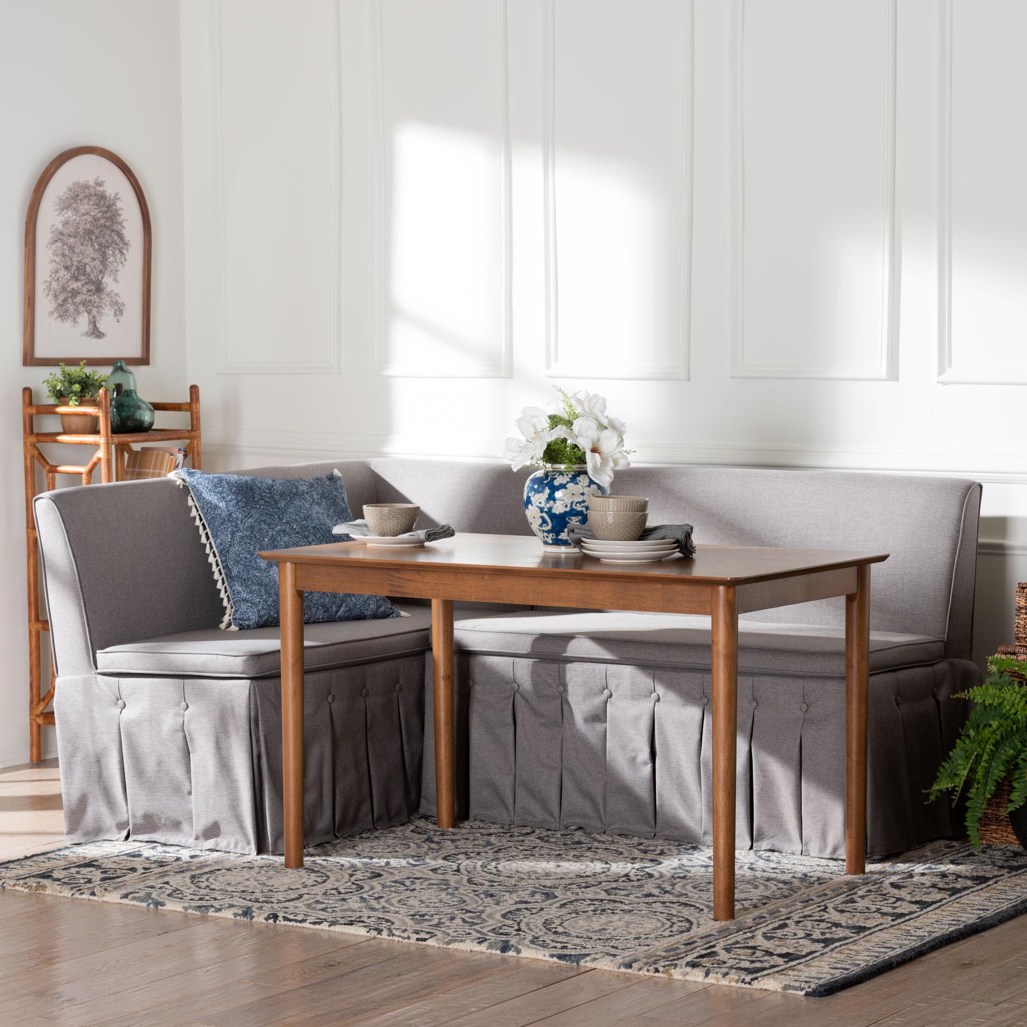 Reuben 3-Piece Fabric Upholstered Dining Nook Set - Corner Kitchen Dining Banquette Set with Skirted Base, L-Shaped Seating for Small Spaces, Grey