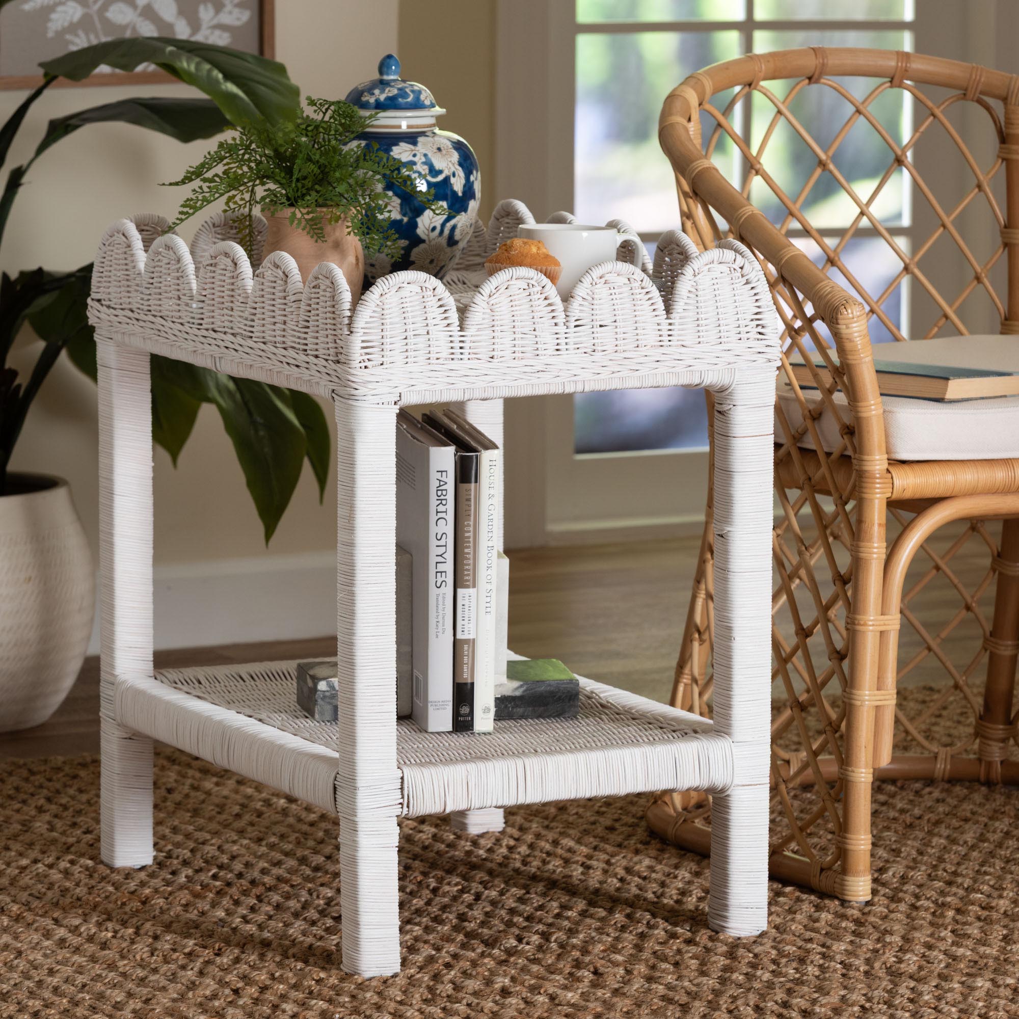 Sumana Natural Rattan Side Table - Handwoven Wicker 2-Tier Accent End Table with Scalloped Tray Top for Living Room, White