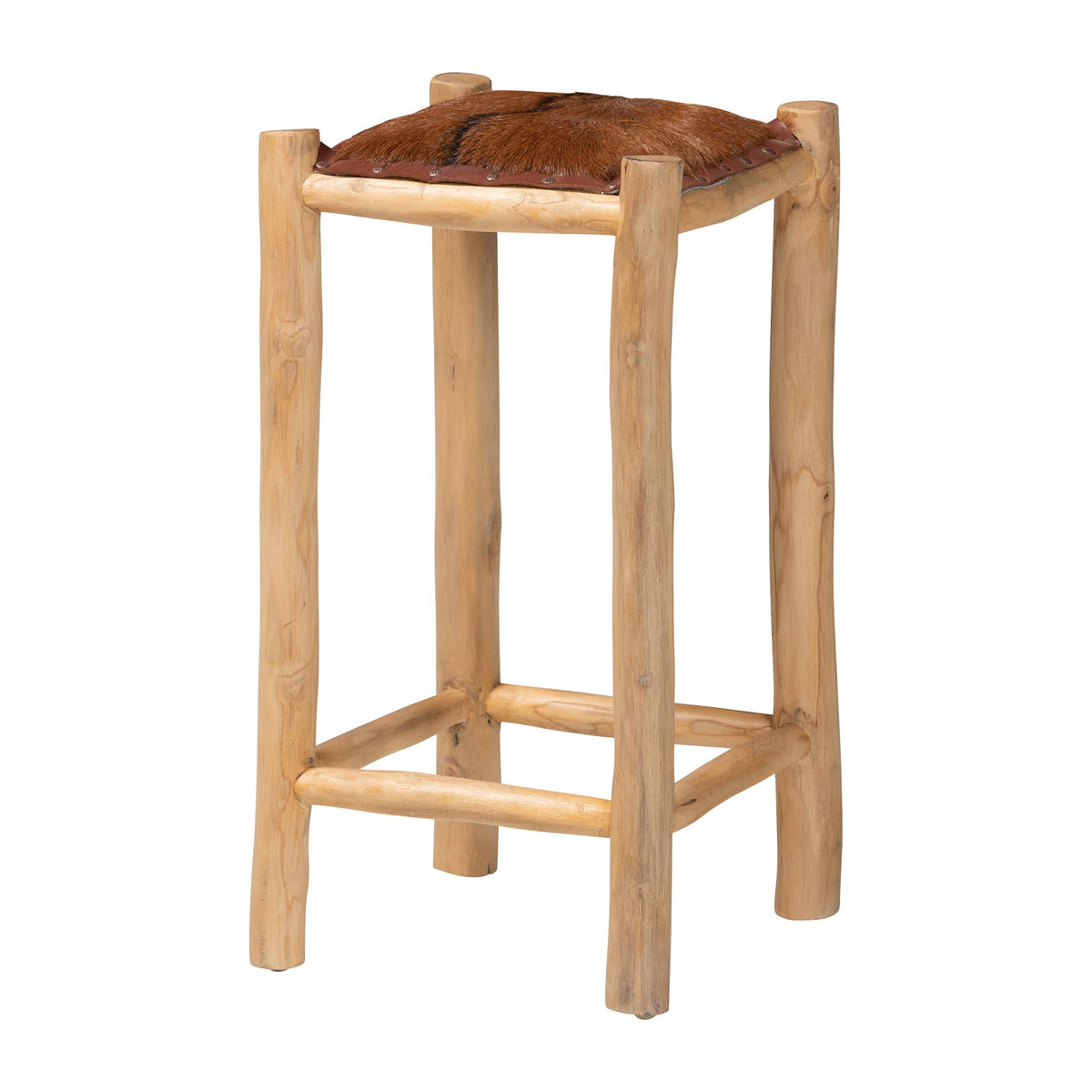 Rivera Genuine Goat Leather Counter Stool - Rustic Boho Seating with Teak Wood Frame and Natural Hide Upholstery