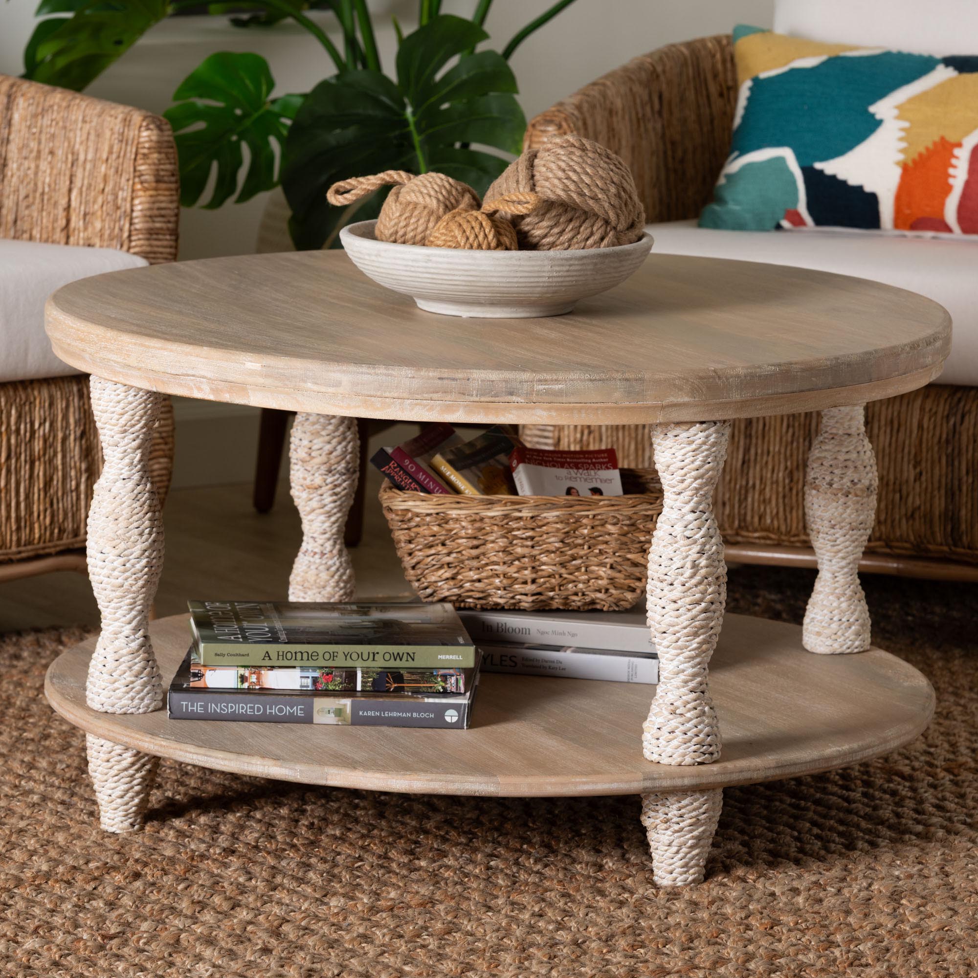 Lejane Wood Coffee Table with Seagrass Wrapped Legs - Round Living Room Table with Open Shelf Storage