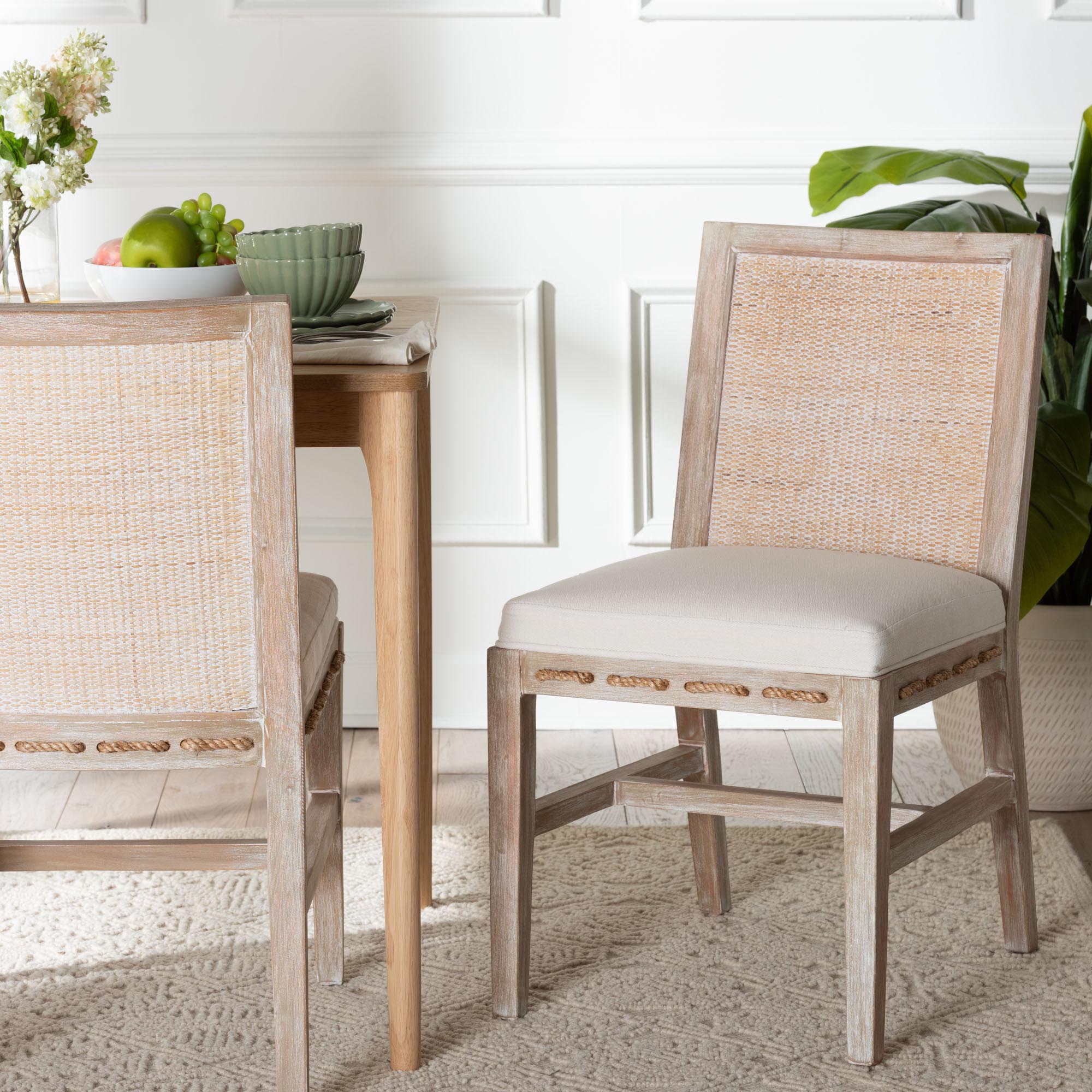 Ashford Whitewash Rattan Dining Chair - Mahogany Wood Frame with Handwoven Wicker Backrest and Braided Rope Inserts for Coastal Dining Room